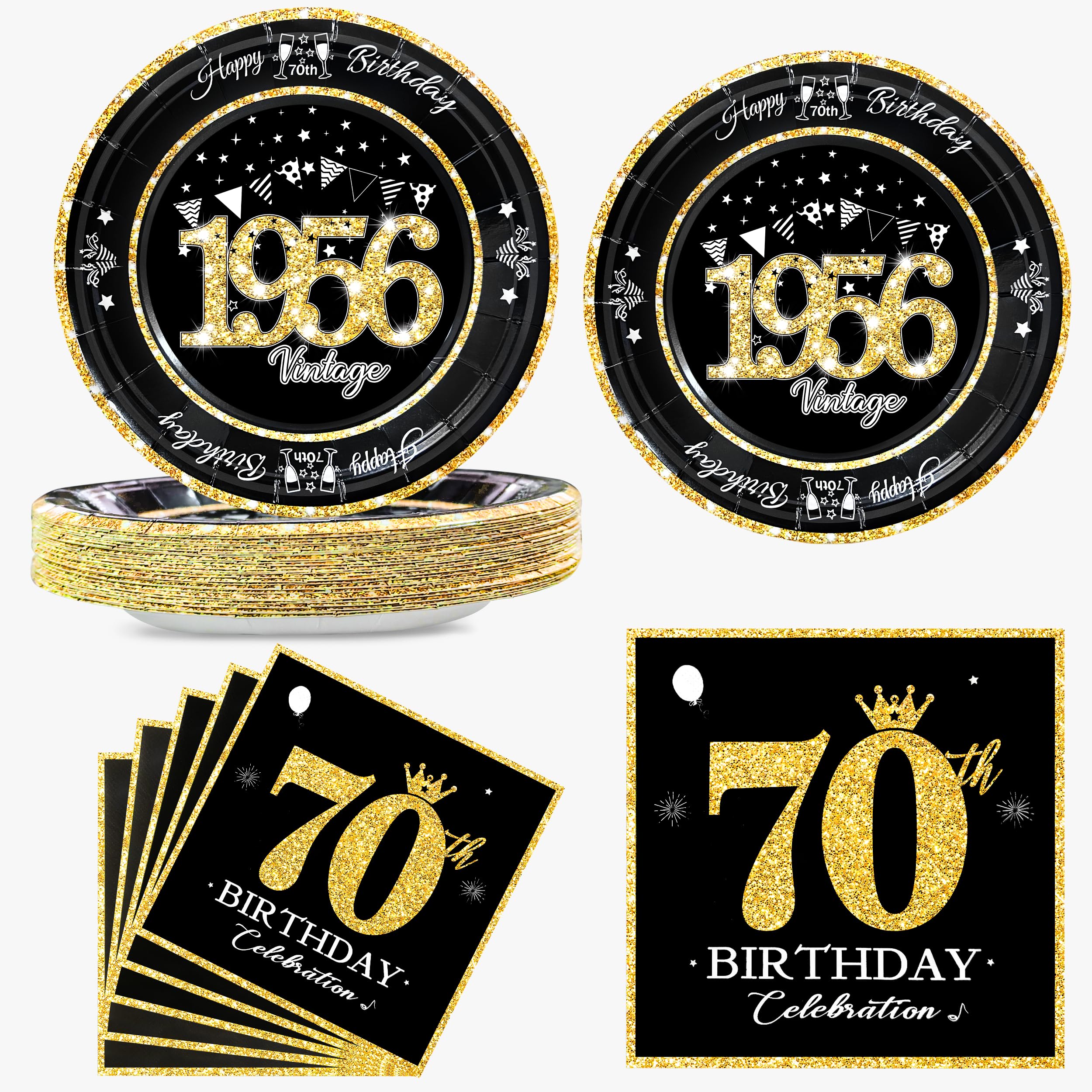 algpty 60 PCS Vintage 70th Birthday Plates and Napkins Set, 70th Birthday Decorations Black and Gold, Service for 30, 1956 Dessert Plates and Napkins