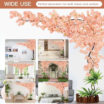 Artificial Cherry Blossom Tree with LED Light, Fake Tree Cherry Blossom Tree Artificial Champagne Pink Sakura Tree for Party, Wedding, Office, Home Decor, Indoor & Outdoor (4 x 6.5ft Vine) - by TTDMK