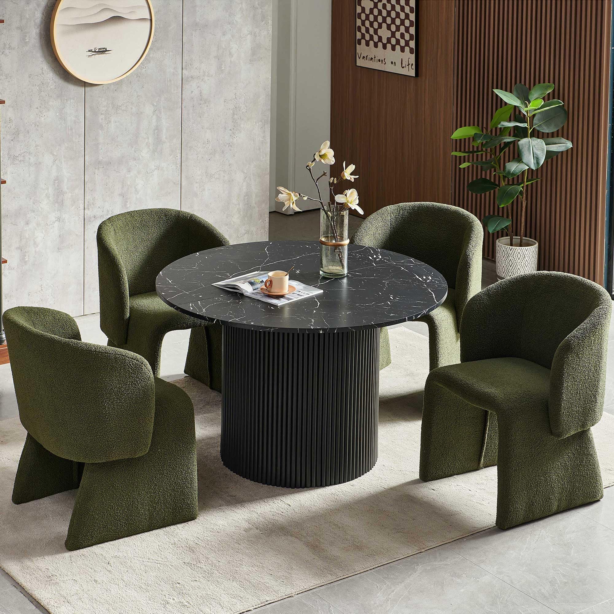 NORDICANA 5-Piece Round Dining Table Set for 4, Modern 47-Inch Kitchen Table and Chair Set, Dining Set with Dark Green Upholstered Armchairs,