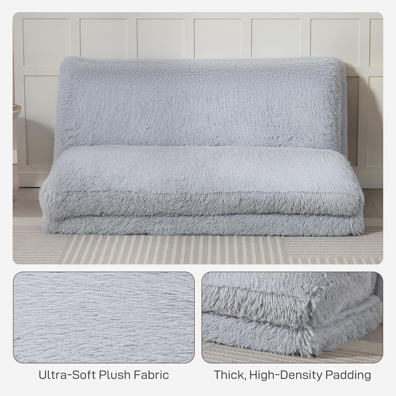 HOMCOM Bean Bag Chair Floor Sofa Bed for Adults, Thick Long Folding Sofa Bed 54 x102 in, Wall Couch Sleeper Chair Floor Mattress for Living Room, Light Gray