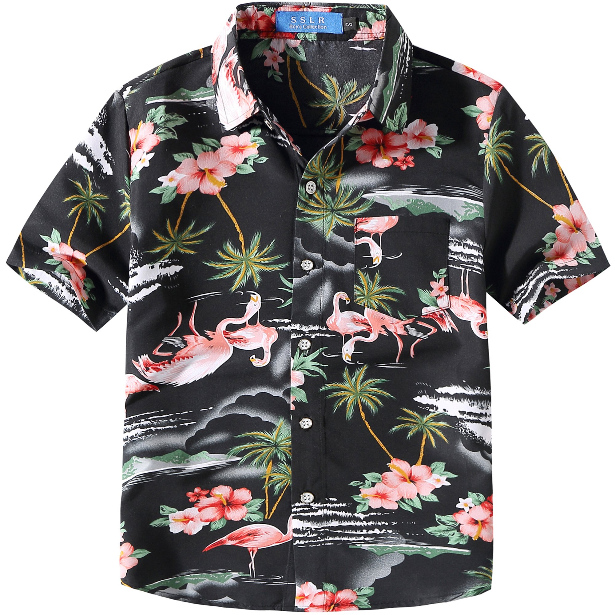 SSLR Camisa Manga Corta con Estampado de Flamencos y Flores Estilo Hawaiana para Niño