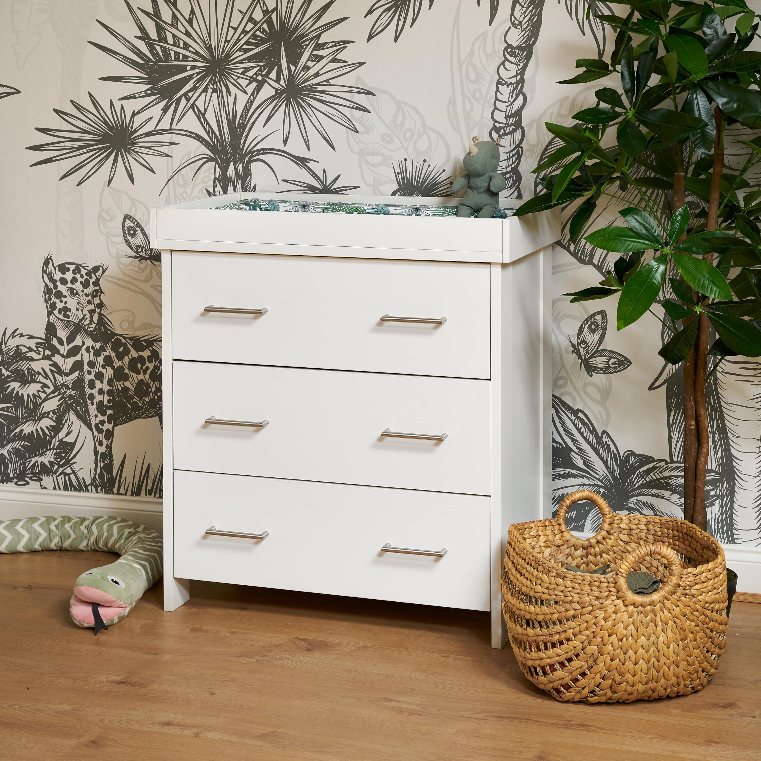 Obaby Nika Changing Unit - White Wash, White - Textured Oak Wood Effect - 32L Drawers