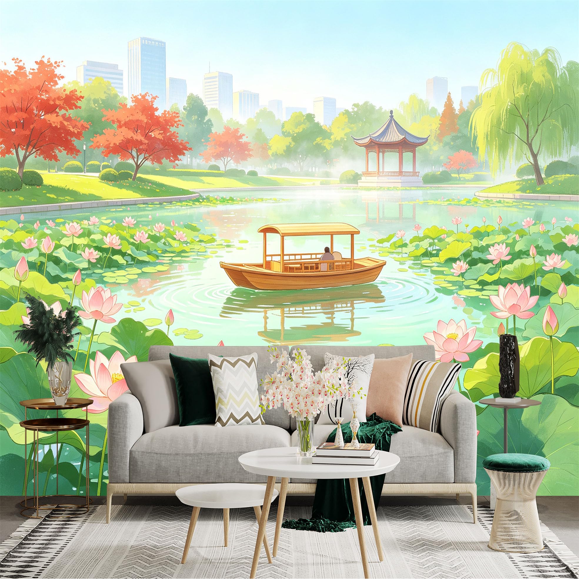 Custom Size Wall Sticker Mural， Oriental Pond with Lotus Flowers and Wooden Boat， Peaceful Park Scenery， for wall Decoration， peelandstick wall Decals.