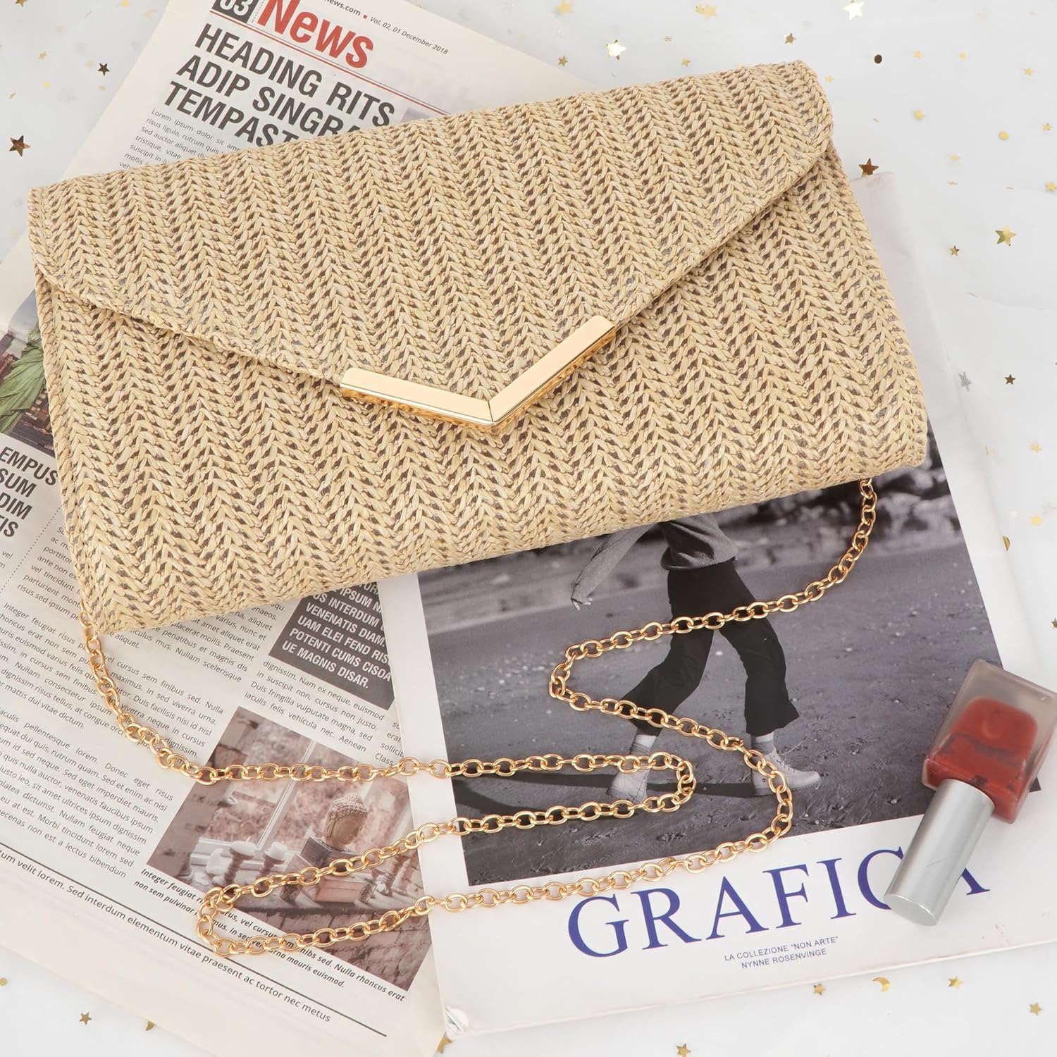 Felite Fnn Women Mini Straw Woven Clutch Handbag Chain Strap Cross-body Shoulder Bag