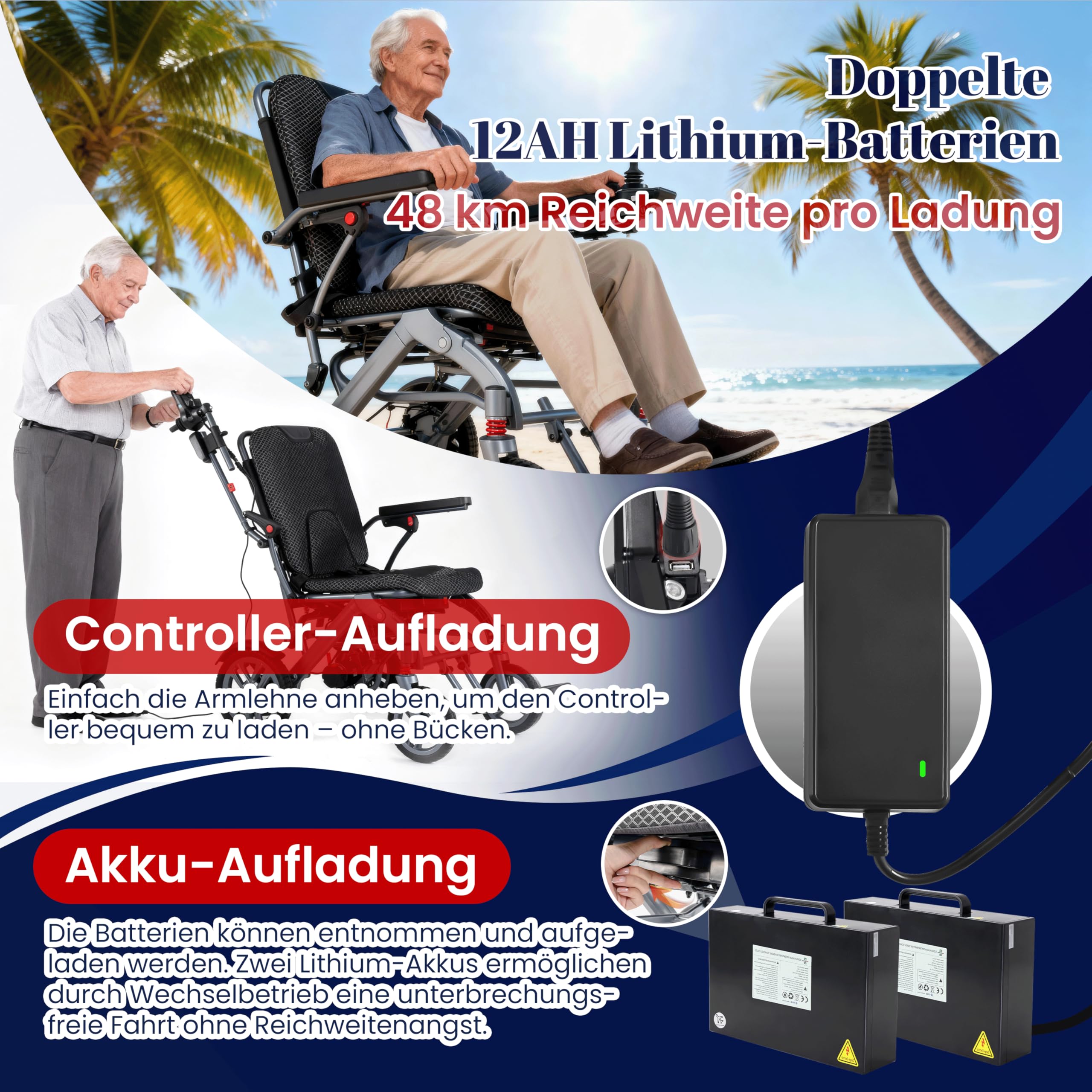 Silla de ruedas eléctrica plegable con batería doble, ligera, 48KM, con neumáticos de goma para todo terreno, iluminación frontal y trasera, aprobada para aviones