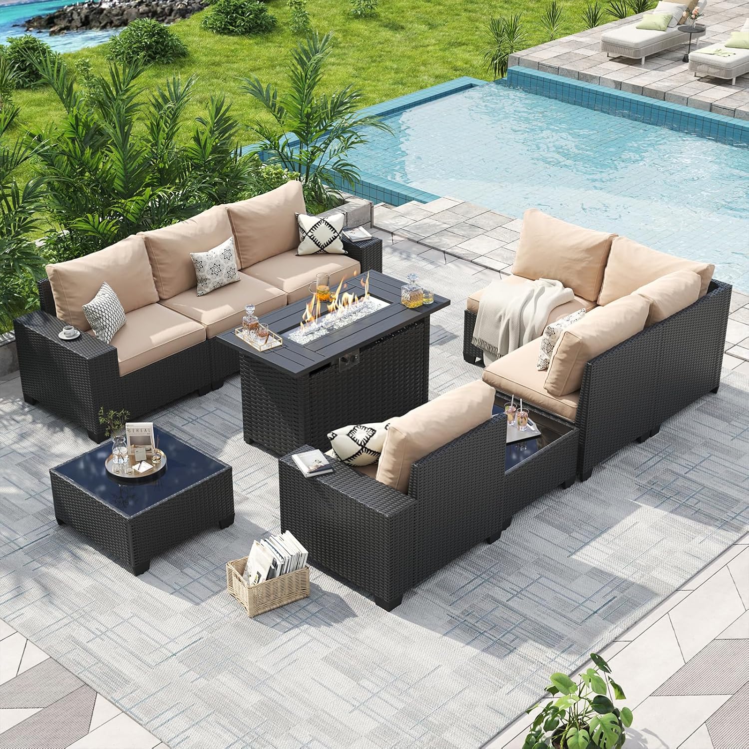 Aoxun Outdoor Furniture with 44'' Fire Pit, 7 Pcs Outdoor Patio Furniture Sets with 4in Thicken Cushion, Widen Armrests Wicker Outdoor Sectional for Backyard (Waterproof Cover Include)