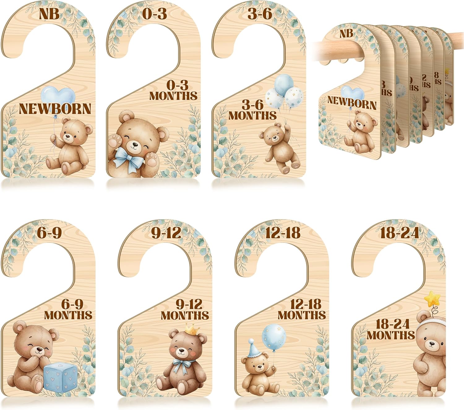 7 PCS Bear Closet Dividers for Baby Clothes, Wooden Rustic Nursery Wardrobe Organizer with Double-Sided Size Labels for Newborn to 24 Months, Woodland Baby Room Decor