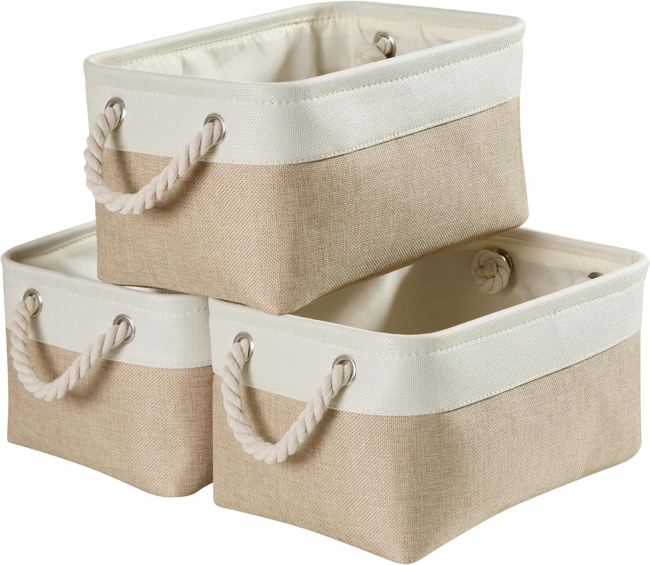– Mangata Fabric Storage Box set of 3, Foldable Fabric Storage Baskets with Handles for Cupboards, Wardrobe, Shelves, Clothes, Toys, Towel, Bathroom(Small, Khaki White)