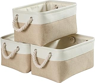 Mangata Fabric Storage Basket, Storage Box, Cupboard Basket Storage, Fabric with Rope, for Toys, Wardrobes, Shelves, Clothes, Foldable, Medium, Khaki/White, Pack of 3