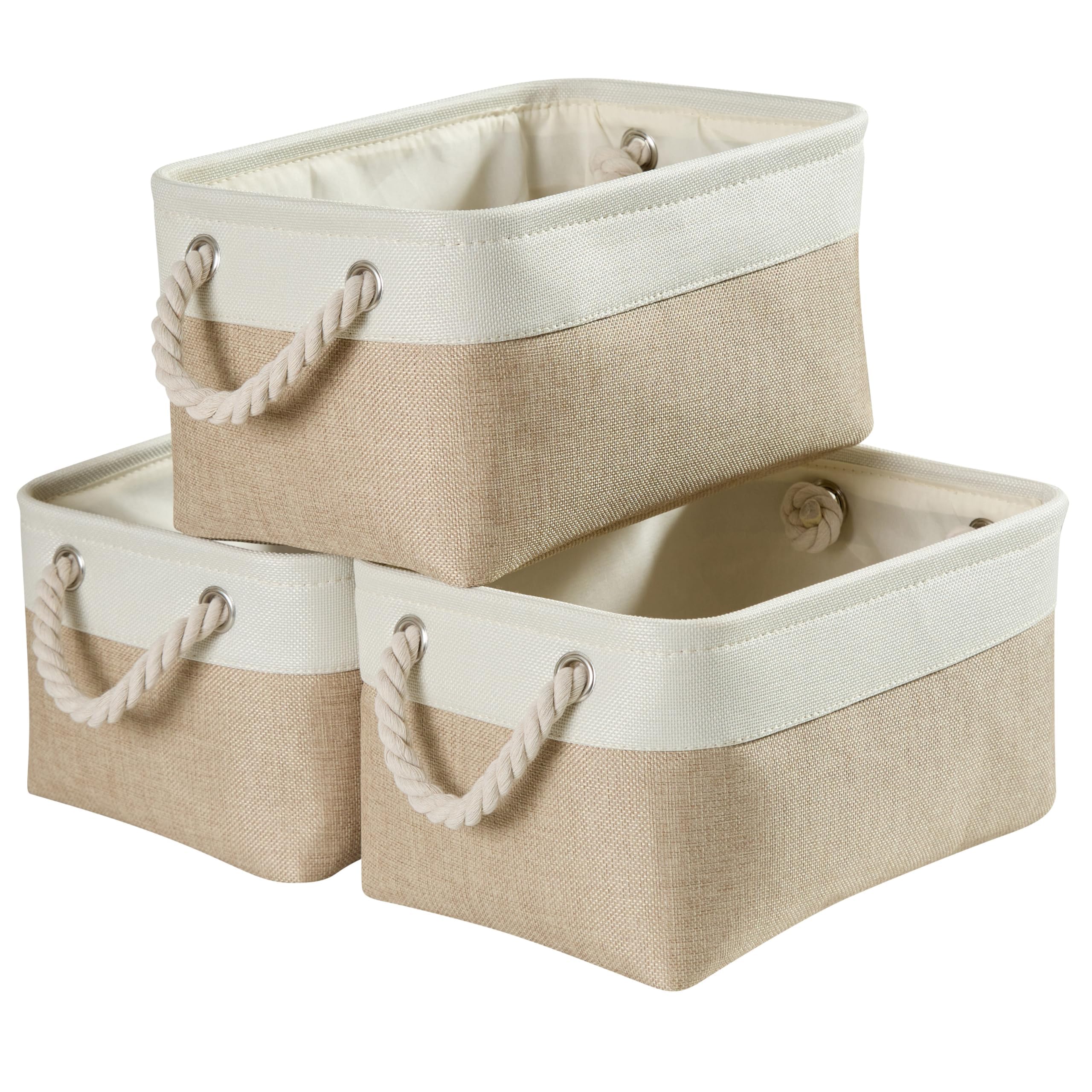 Sponsored Ad – Mangata Fabric Storage Box set of 3, Foldable Fabric Storage Baskets with Handles for Cupboards, Wardrobe, Shelves, Clothes, Toys, Towel, Bathroom(Small, Khaki White)