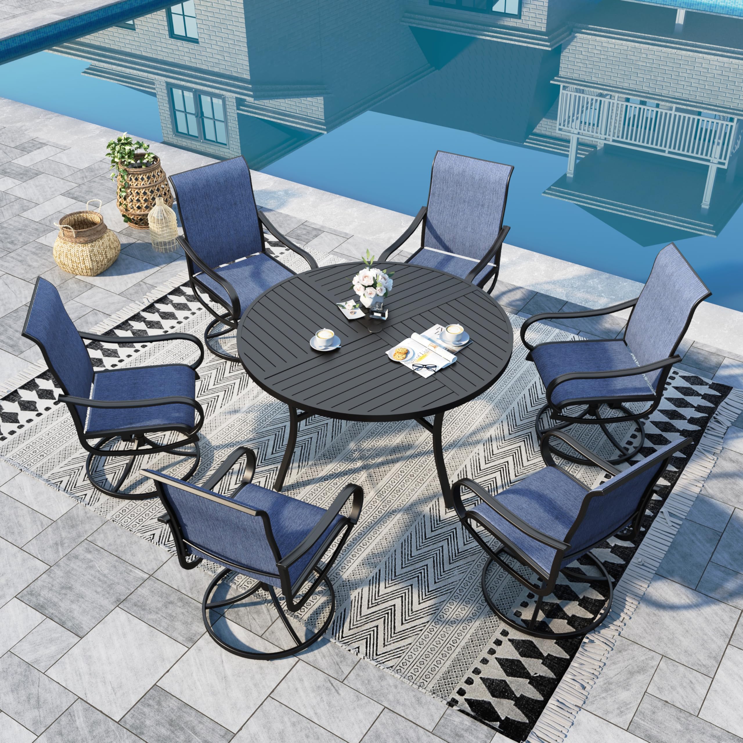 Sophia and William 7 Piece Patio Dining Set 54 Inch Round Table and Swivel Chairs Blue