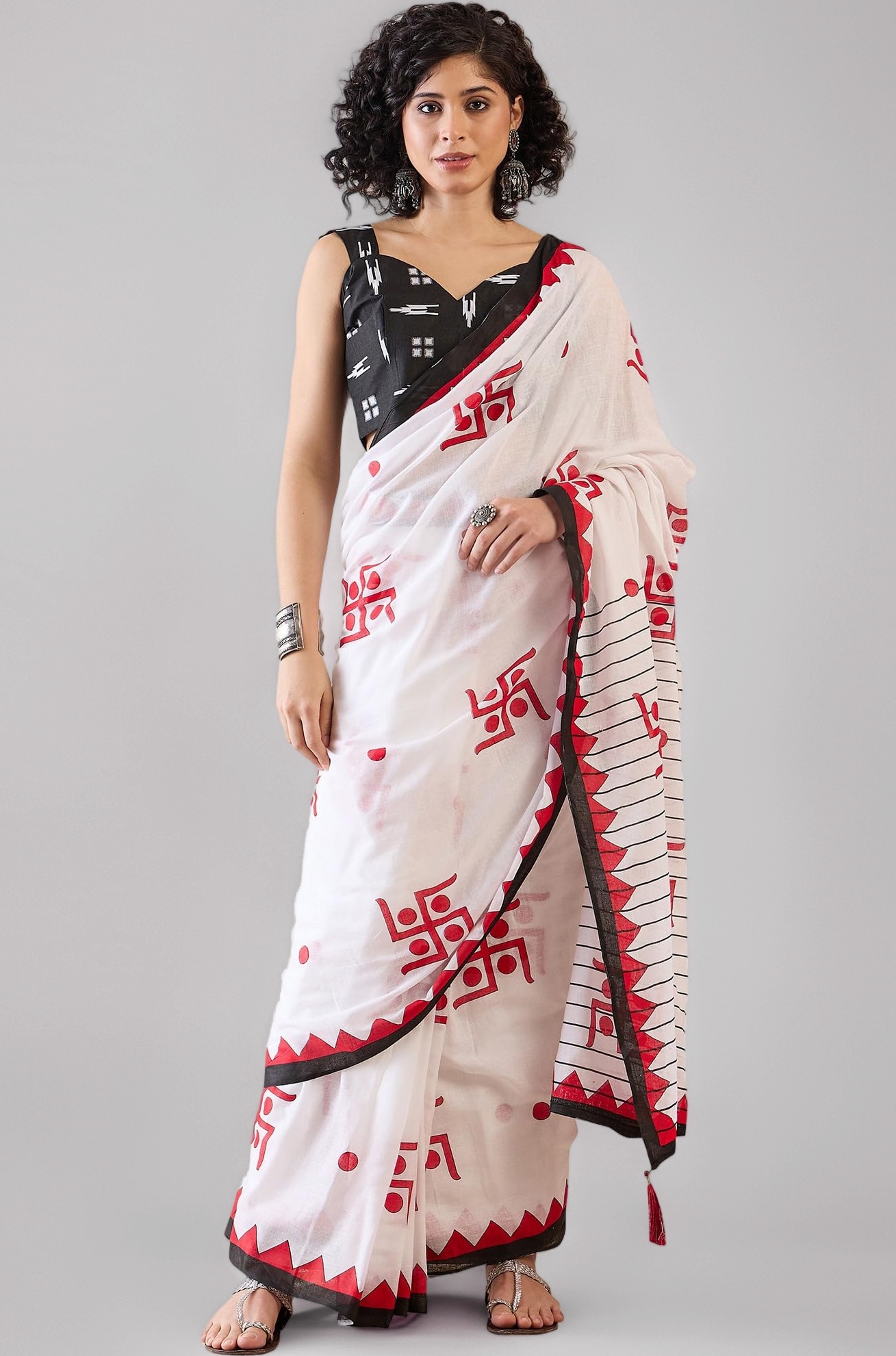 SAREE MALL Women's Cotton Ikat Printed Ready To Wear one Minute Saree With Blouse Piece