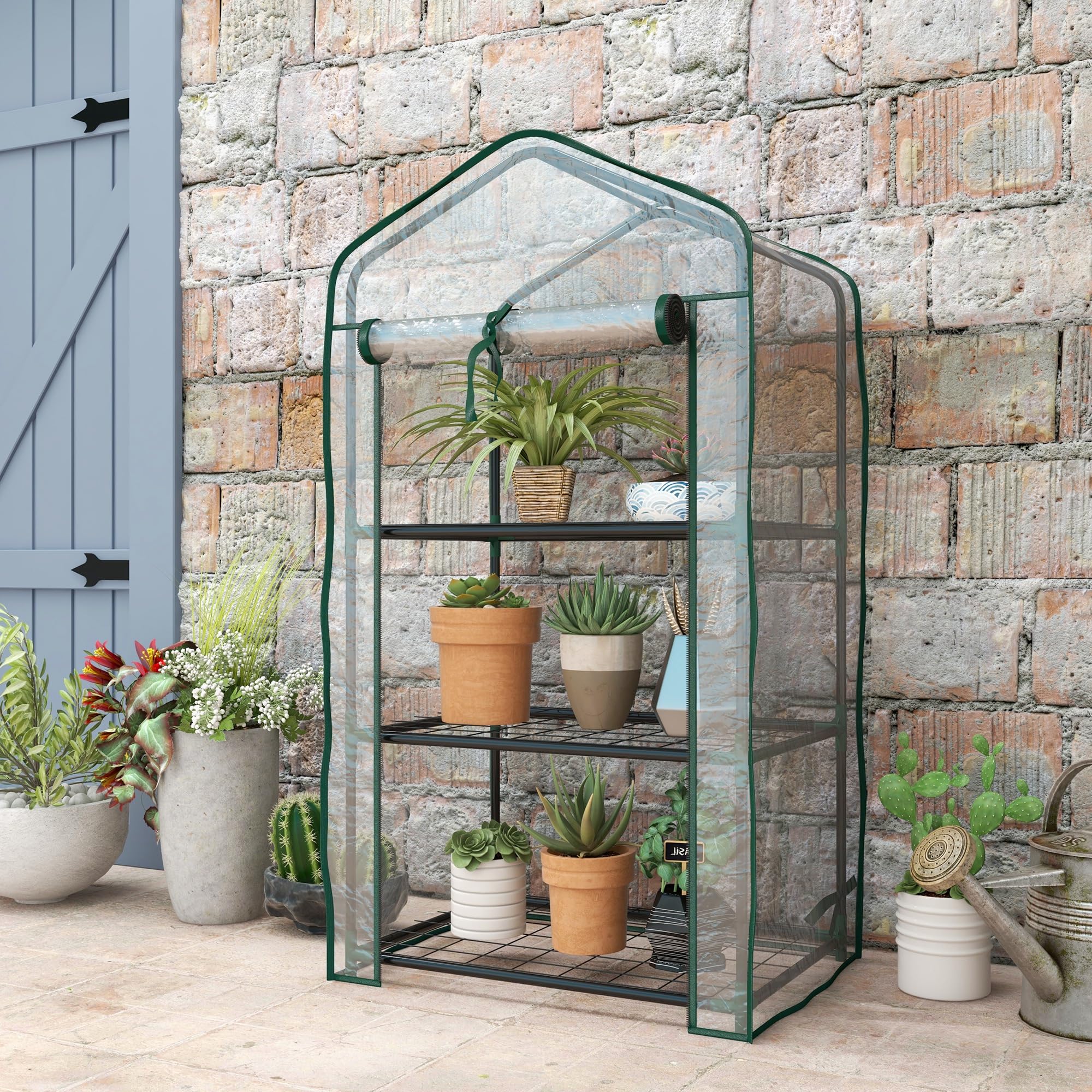 Outsunny Invernadero de Jardín de 3 Niveles Invernadero de Terraza con 3 Estantes Puerta con Cremallera Marco de Acero y Cubierta de PVC para Cultivo de Plantas Flores 59x39x127 cm Transparente