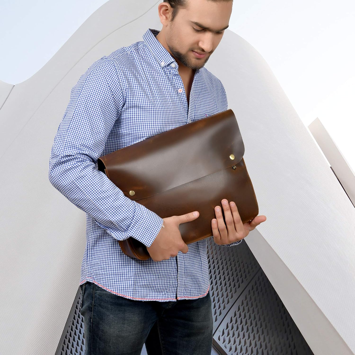 Jajmo Legacy Premium Top Grain Leather Laptop Sleeve - Fits 15” Laptops - Vintage Style Messenger Bag with Snap Buttons - Perfect for Office, School, and Travel