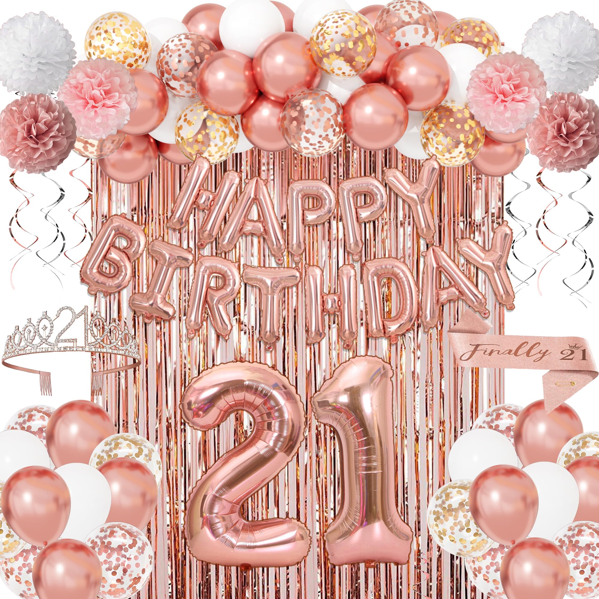 Ouddy Life Rose Gold 21st Birthday Party Decorations for Her, Rose Gold Balloons Happy Birthday Banner Crown Sash Tissue Paper Pompoms for Girls Women Decoration Princess Party Supplies
