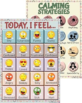 Boho Emoji Feelings and Calming Strategies Posters - Laminated 14x19.5 Emotions Chart, Educational Classroom Posters and Decorations, Back to School Supplies, Virtual Learning, Preschool Kindergarten and Elementary School, Therapy