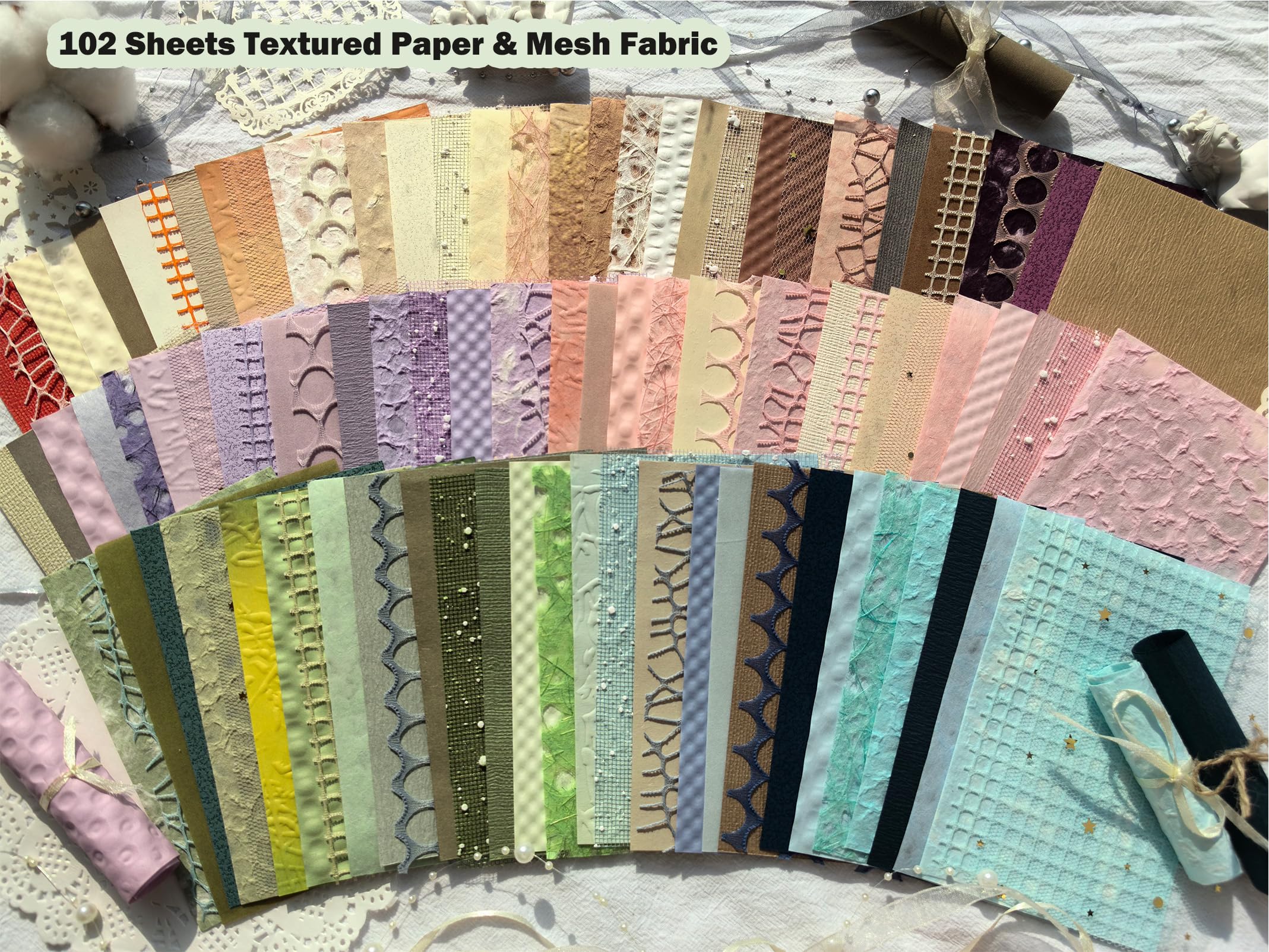 Zestaw 102 arkuszy teksturowanego papieru do scrapbookingu i tkaniny siatkowej, 6 szt., ręcznie robiony specjalny papier, dekoracyjny papier do decoupage do scrapbookingu, pocisk, śmieci,
