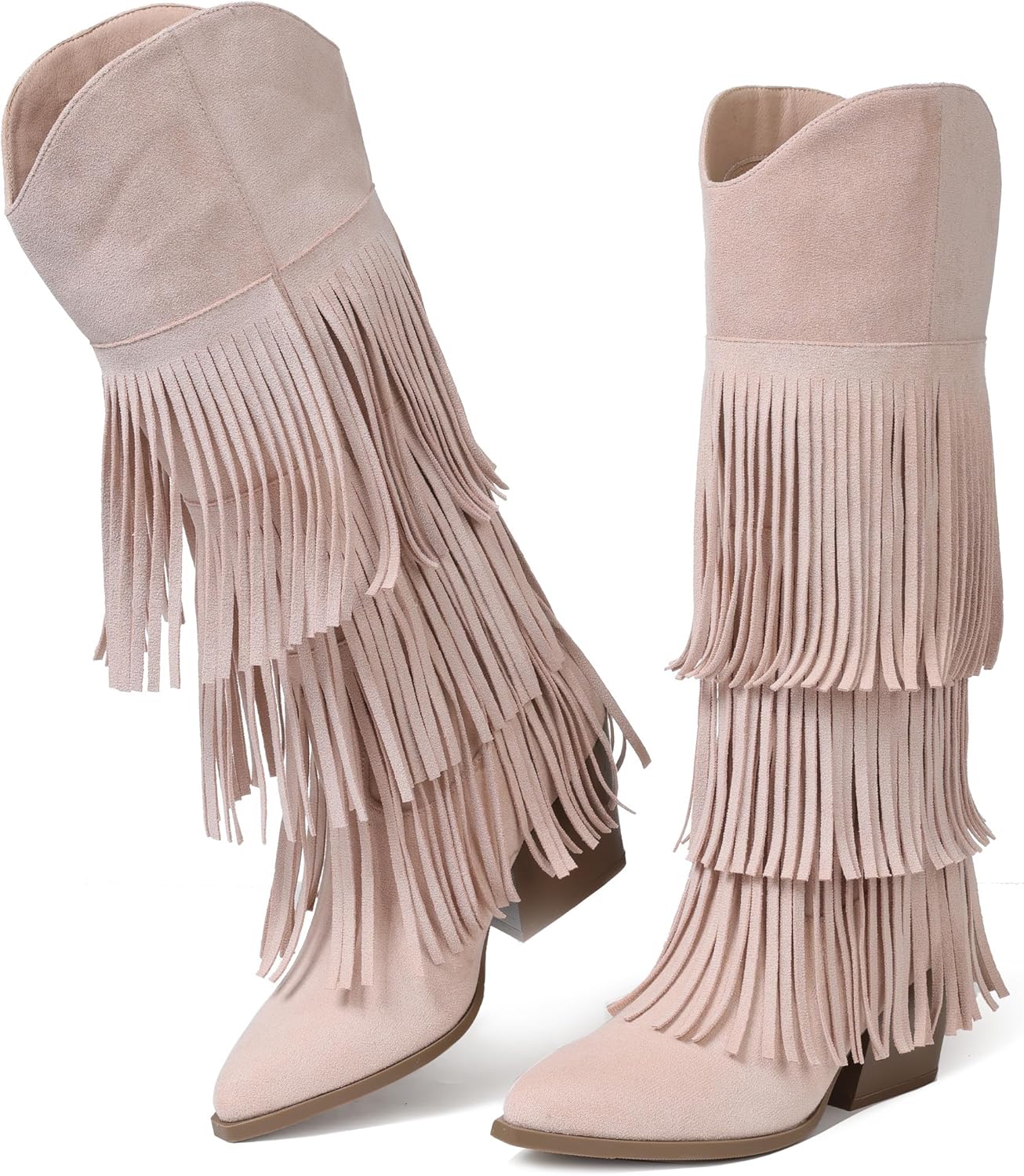 Cowgirl Boots for Women Retro Pointed Toe Pull On Block Chunky Heel Fringe Country Concert Outfits Knee High Western Suede and Faux Leather Cowboy Boots