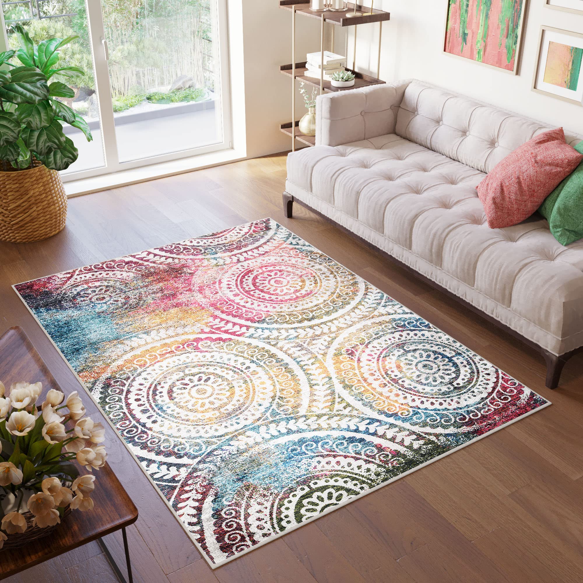 TAPISO Toscana Teppich Bedruckter Teppich Mehfarbig Bunt Runde Rosetten Vintage Waschbar rutschfest Wohnzimmer Schlafzimmer Büro Modern Design 160 x 230 cm