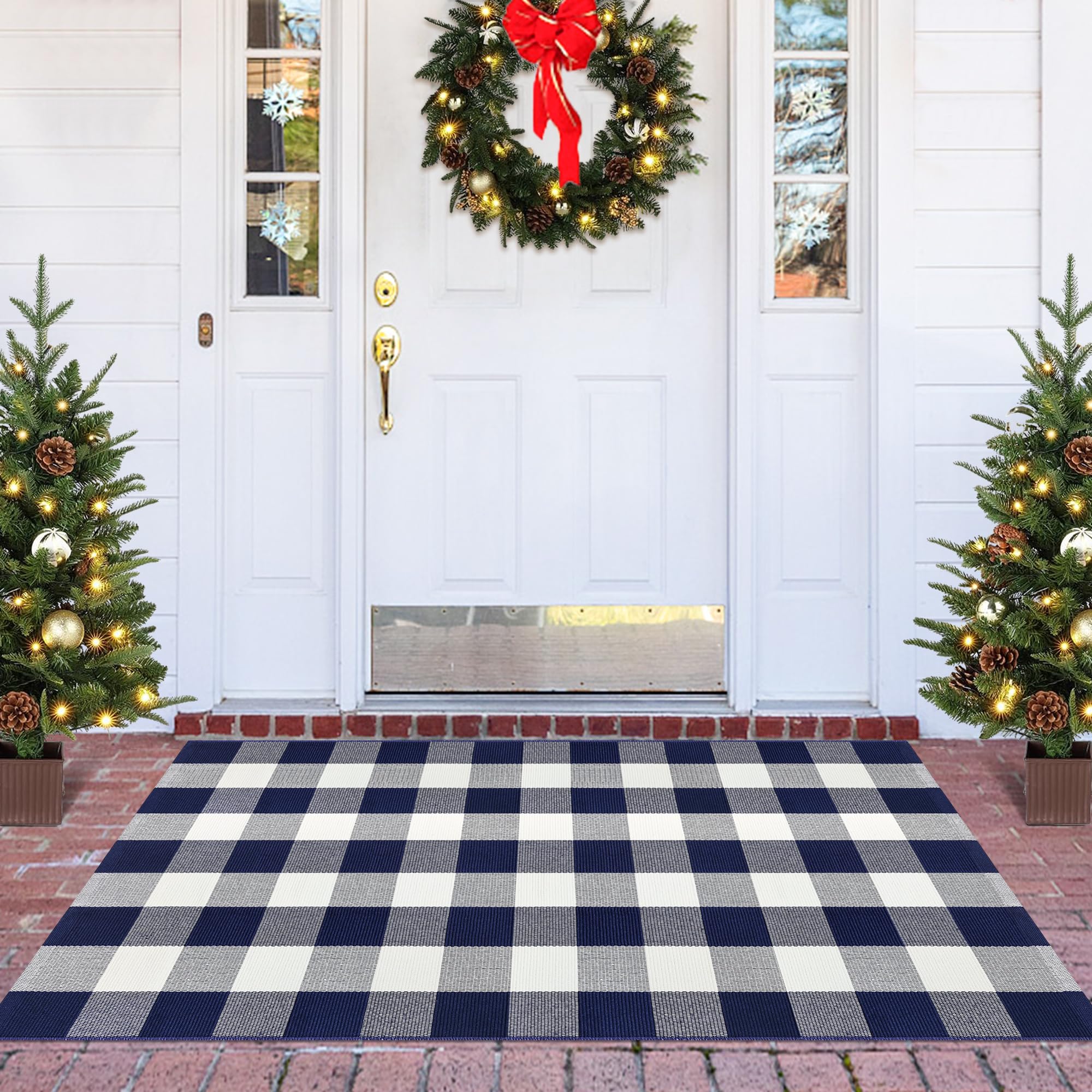 Buffalo Plaid Rug 3x5 Cotton Woven Buffalo Check Rug Navy and White Checkered Outdoor Rug Washable Indoor Outdoor Area Rug Layered Front Door Mats