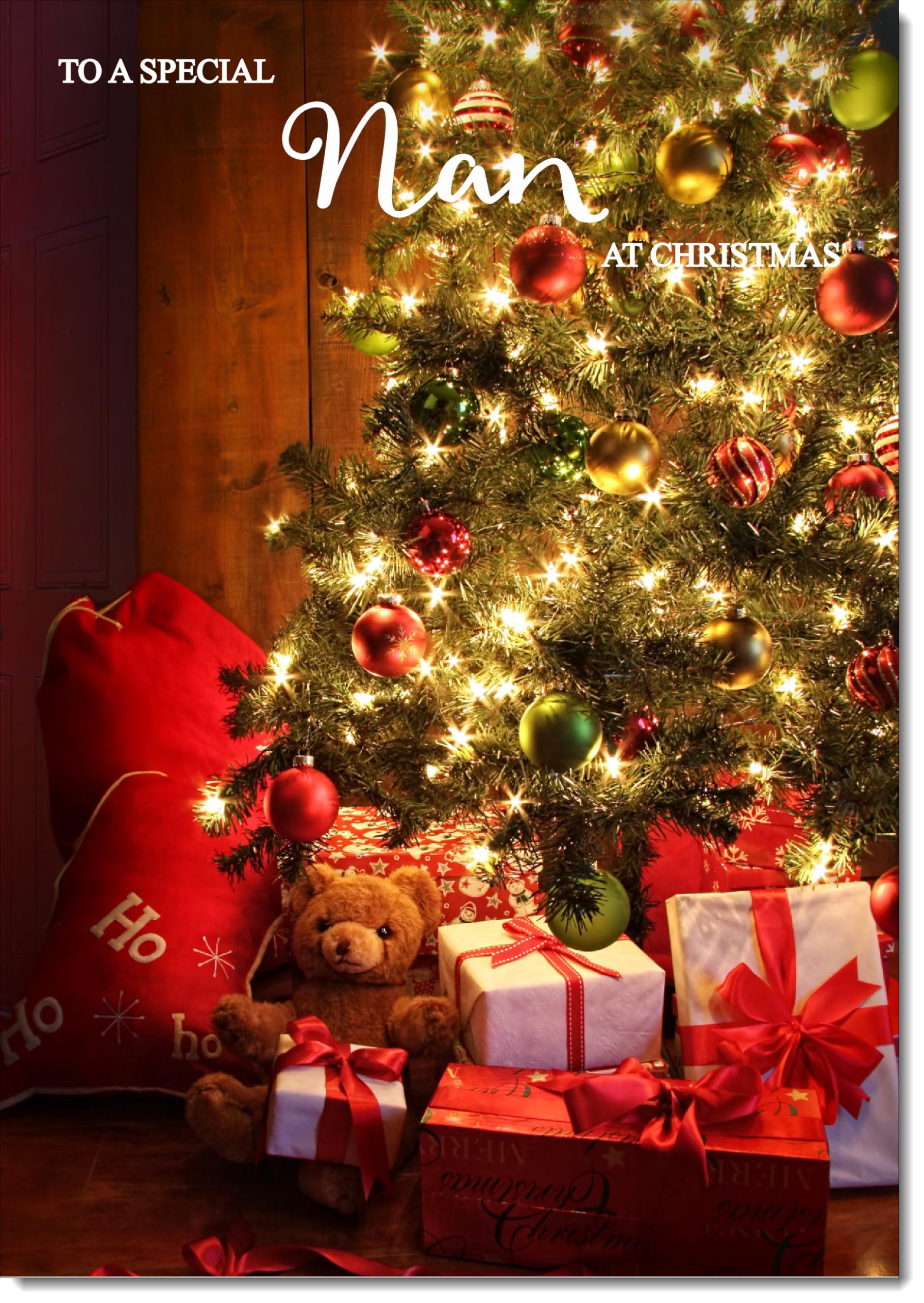 doodlecards Nan Christmas Card Teddy by Christmas Tree Large A4 Size Christmas Card for Nan with Plain Envelope — image 1
