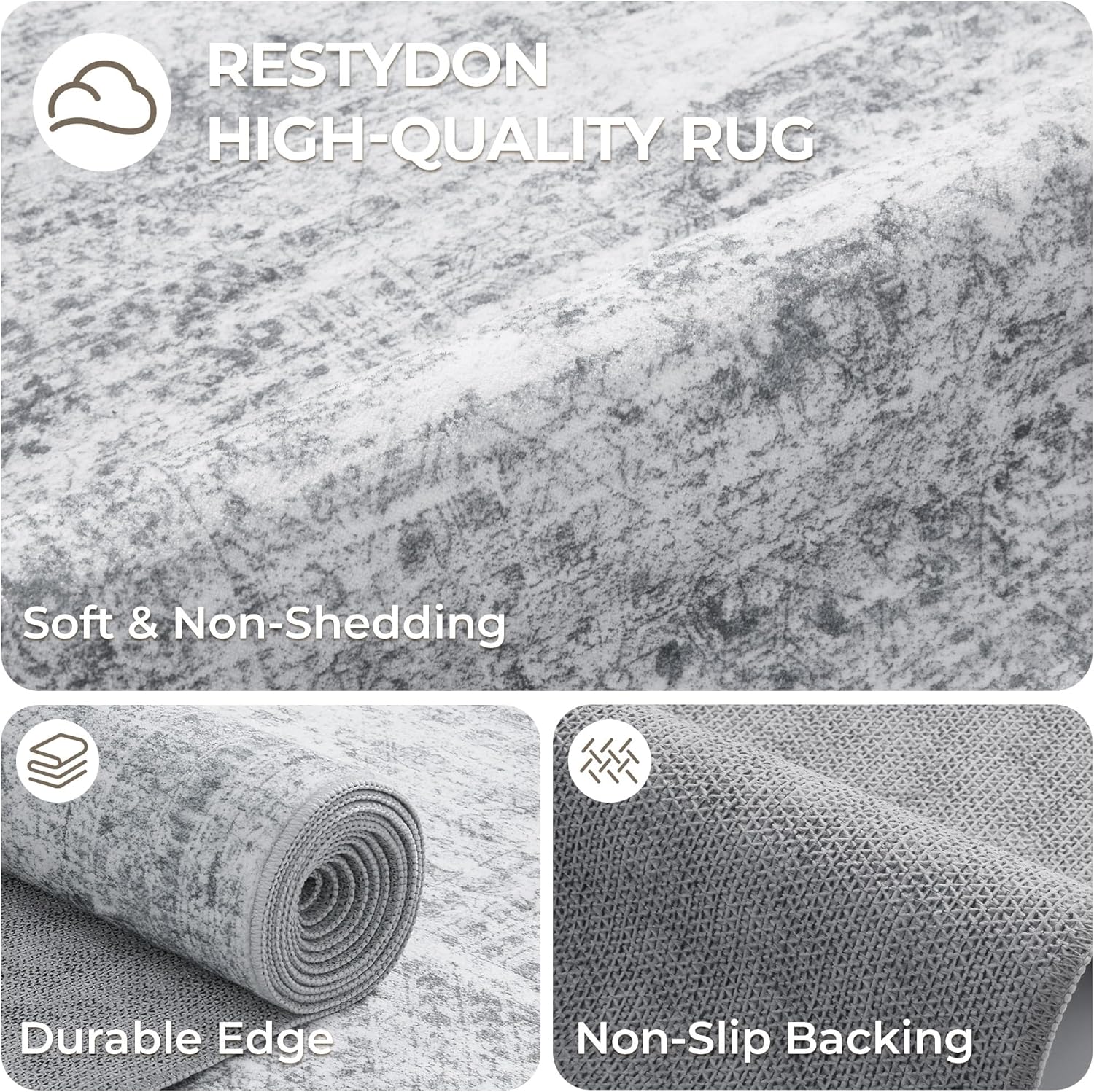 Rug Runners for Hallways Non Slip - 2x8 Runner Rug for Bedroom, Washable Runner with Rubber Backing, Soft Low-Pile Carpet for Kitchen, Laundry, Bathroom (2'x8', Grey/Ivory)