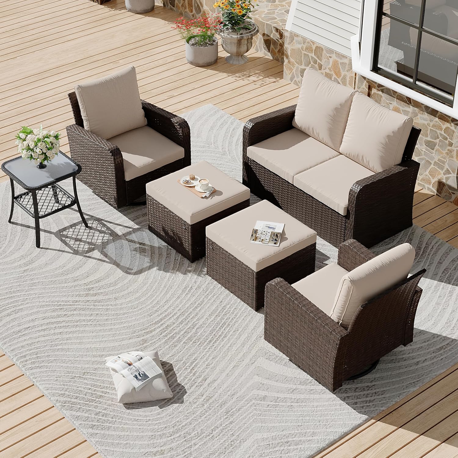 HOMREST 6 Piece Patio Conversation Sets with Loveseat, Rattan Wicker Swivel Chairs with 2 Ottoman, Coffee Table & Cushions, Outdoor Furniture Sets for Garden, Poolside, Backyard (Khaki)
