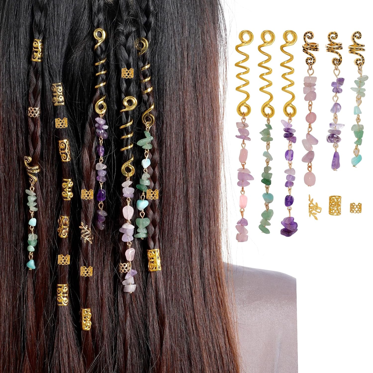 40Pcs Hair Jewelry for Braids, hoyuwak Natural Colored Crystal Stone Hair Braid Accessories Metal Hair Charms Gold Loc Dreadlock Spirals Cuffs Rings for Women Girls Rave Festival Hairstyle Decoration