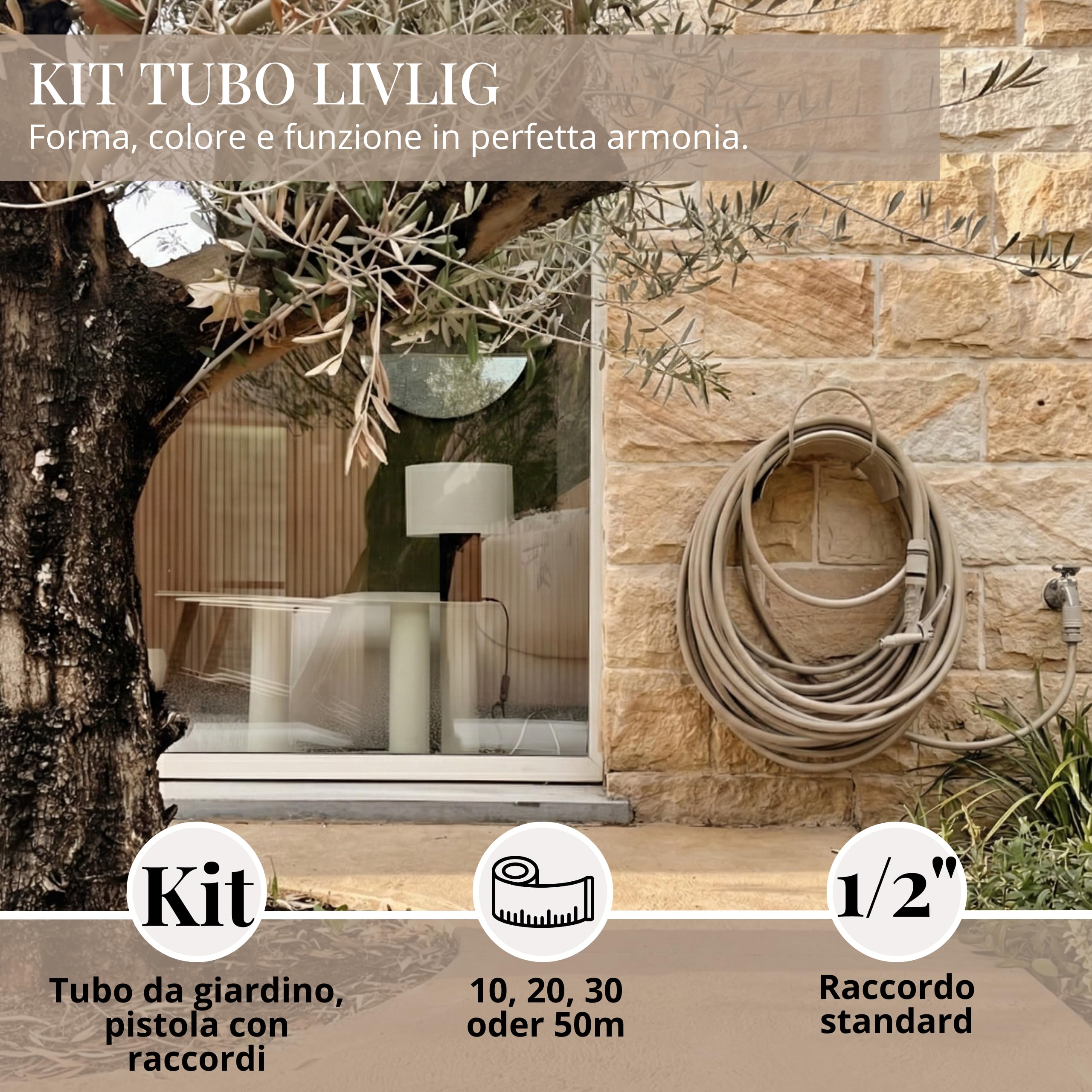 LIVLIG Set tubo 50 m 1/2" – tubo anti‑piegatura e UV con pistola e raccordi (G3/4, stop 1/2, rapido) – Beige