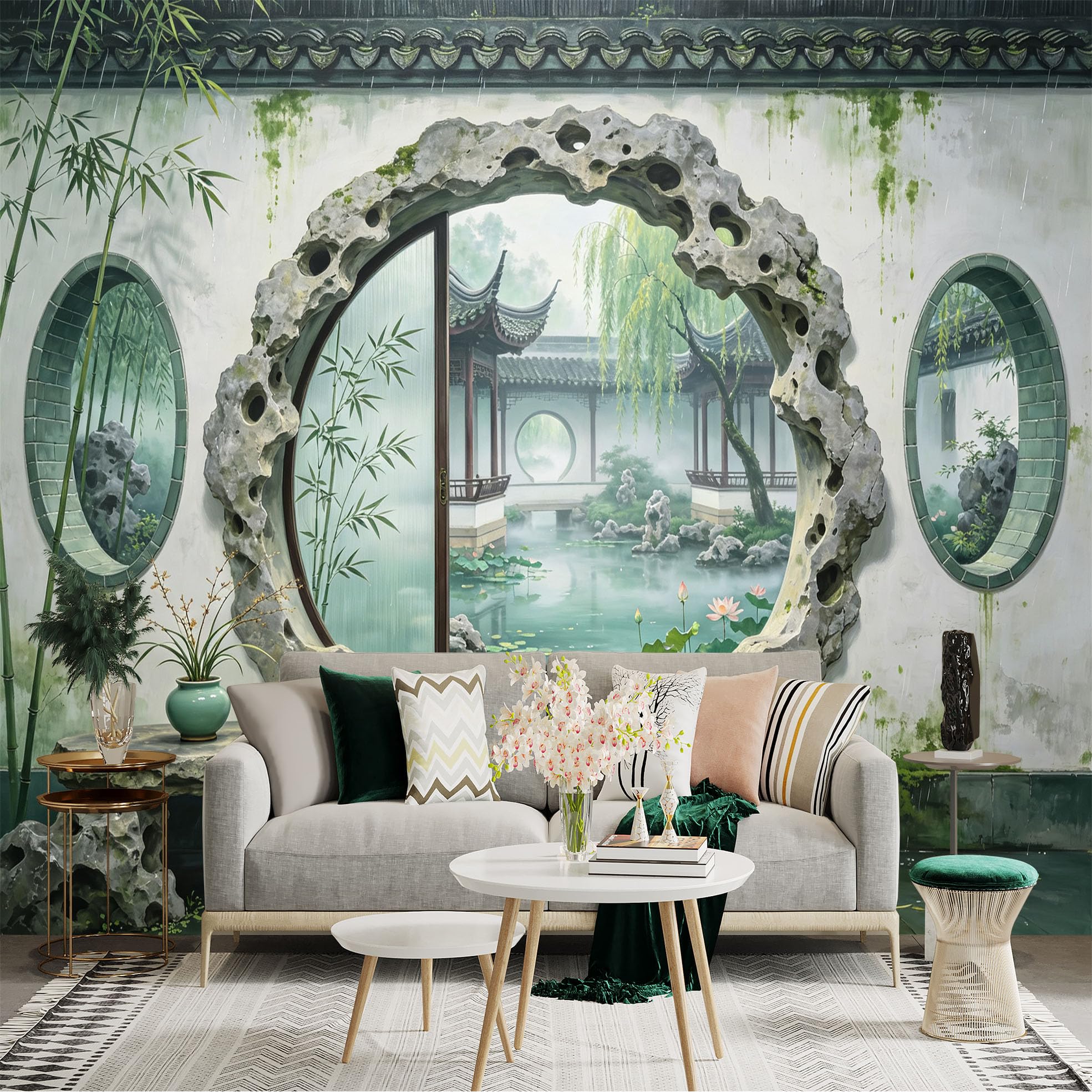Custom Size Wall Sticker Mural， Oriental Courtyard with Lotus Pond， Bamboo and Stone Arch， for wall Decoration， peelandstick wall Decals.