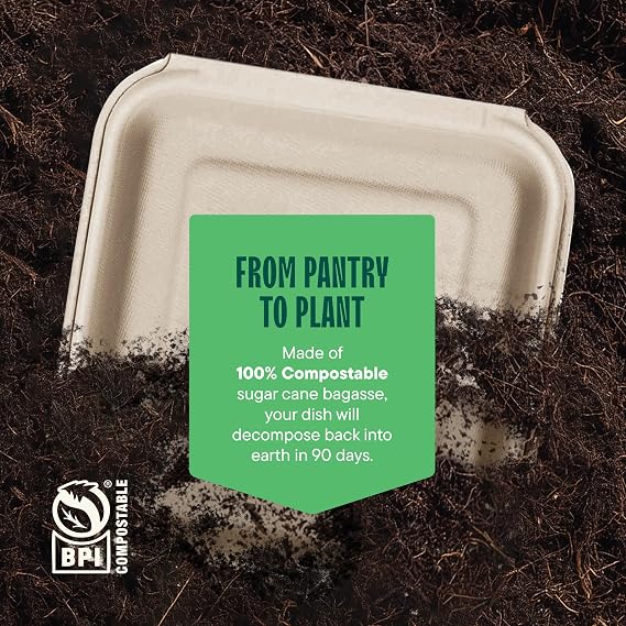 100% Compostable 3-Compartment Clamshell Containers - 8x8 [100-Pack] Boxes