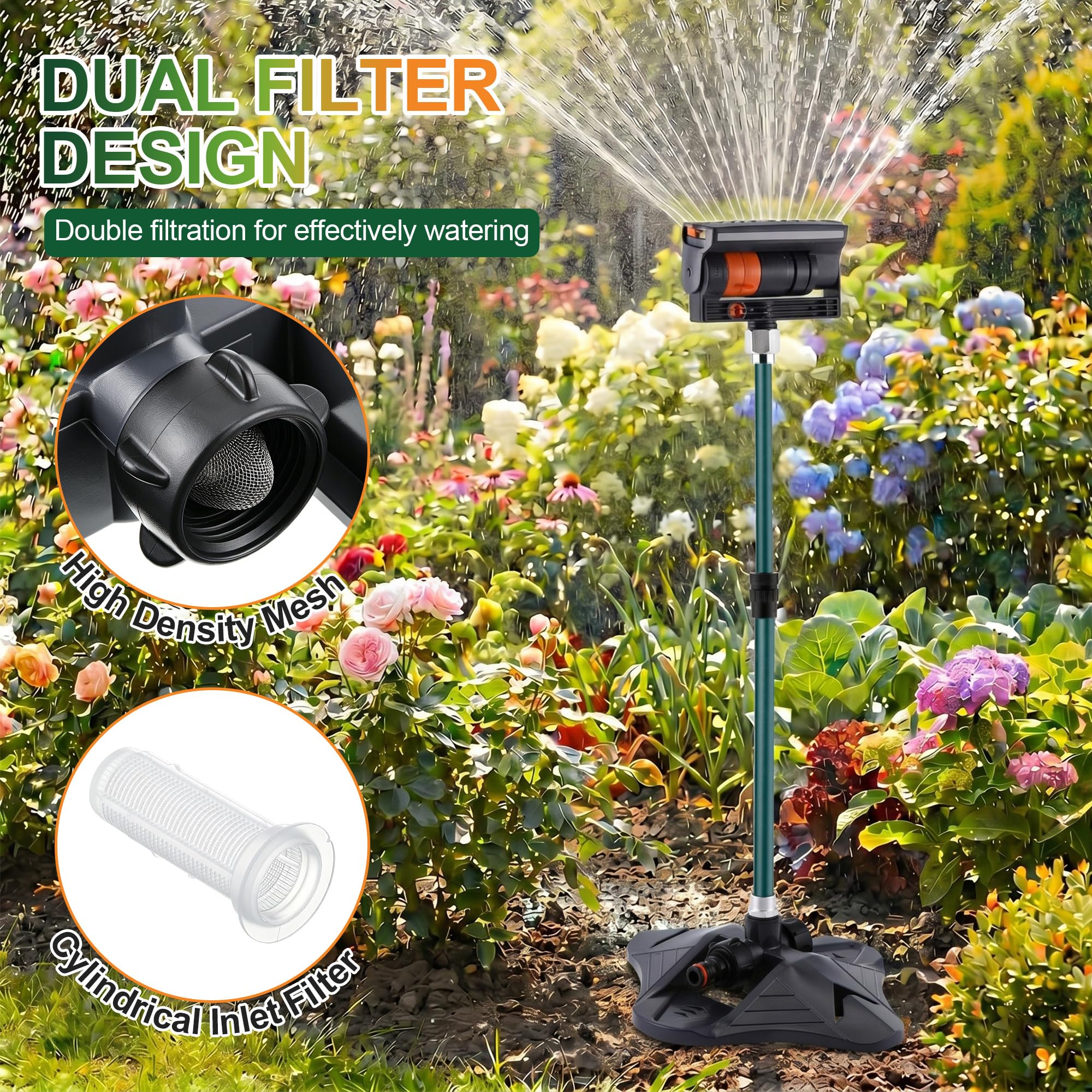Oszillierender Sprinkler mit verstellbarer Aluminiumerhöhung, 4-Wege-Rasensprinkler für Hof und Garten, 16 Düsen, Abdeckung bis zu 4,069 m². Ideal für die Bewässerung verschiedener Höhen