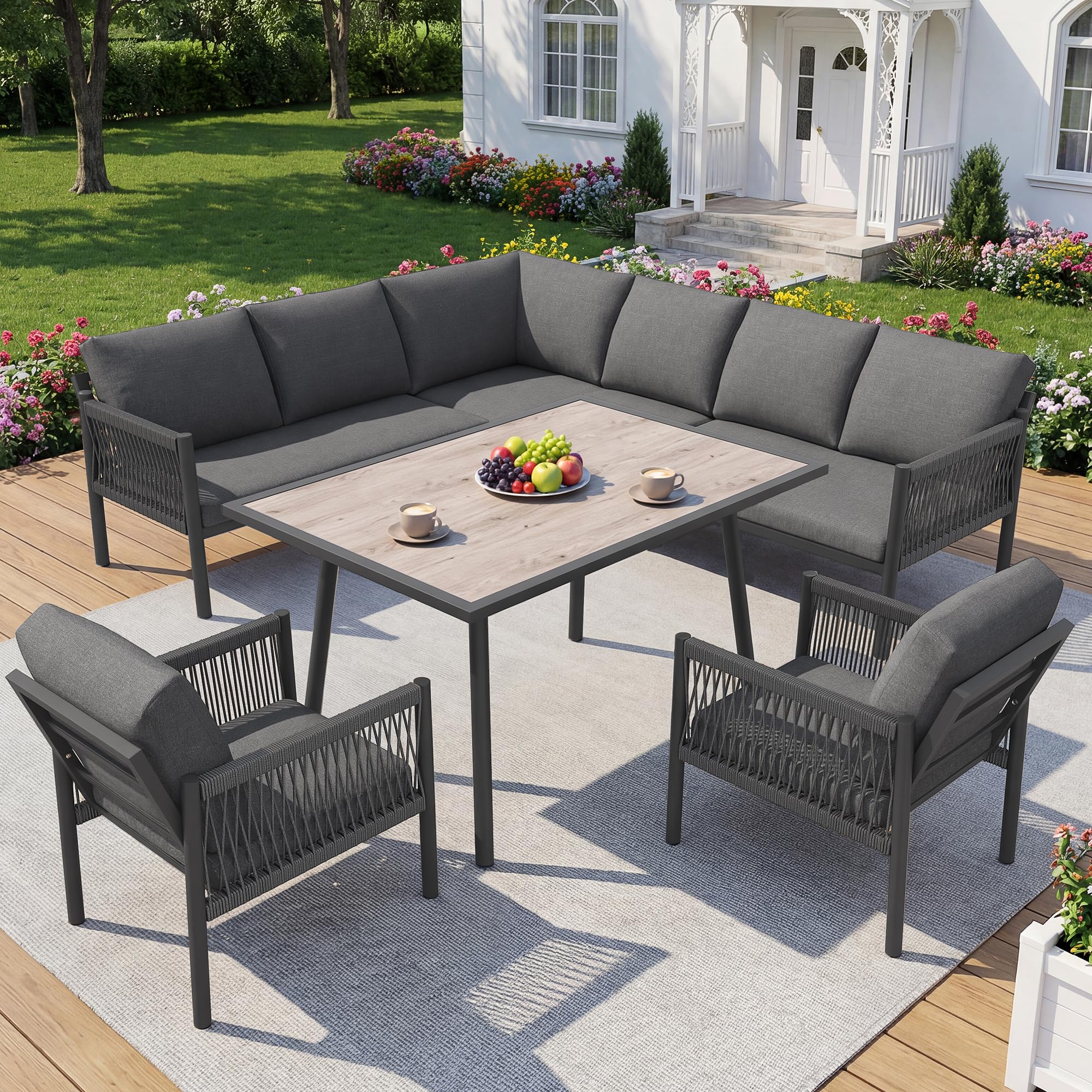 Conjunto de muebles de jardín para exteriores, sofá de jardín en forma de L para 7-8 personas, incluye 1 mesa con tablero de vidrio de imitación de madera y 2 sillones trenzados a mano, para