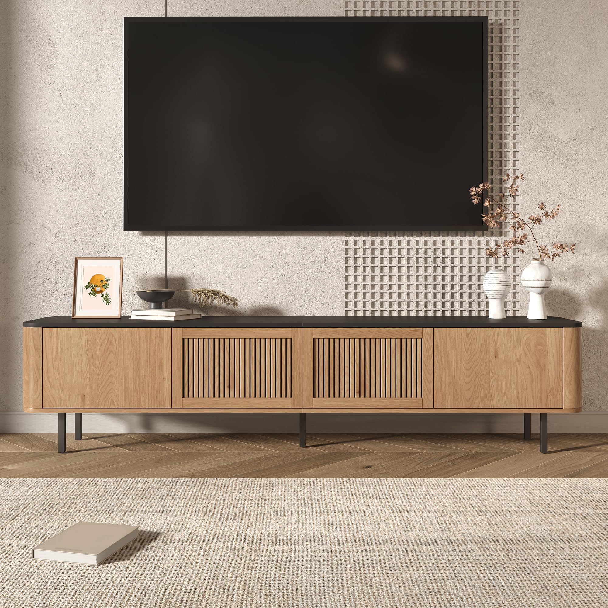 190cm TV Lowboard mit Gittertür-Design, TV Schrank mit Großer Stauraum, Fernsehschrank mit Eisenbeine, TV Board, Fernseher Schrank für Wohnzimmer, Hobbyraum und Arbeitszimmer, Eichenholzfarbe