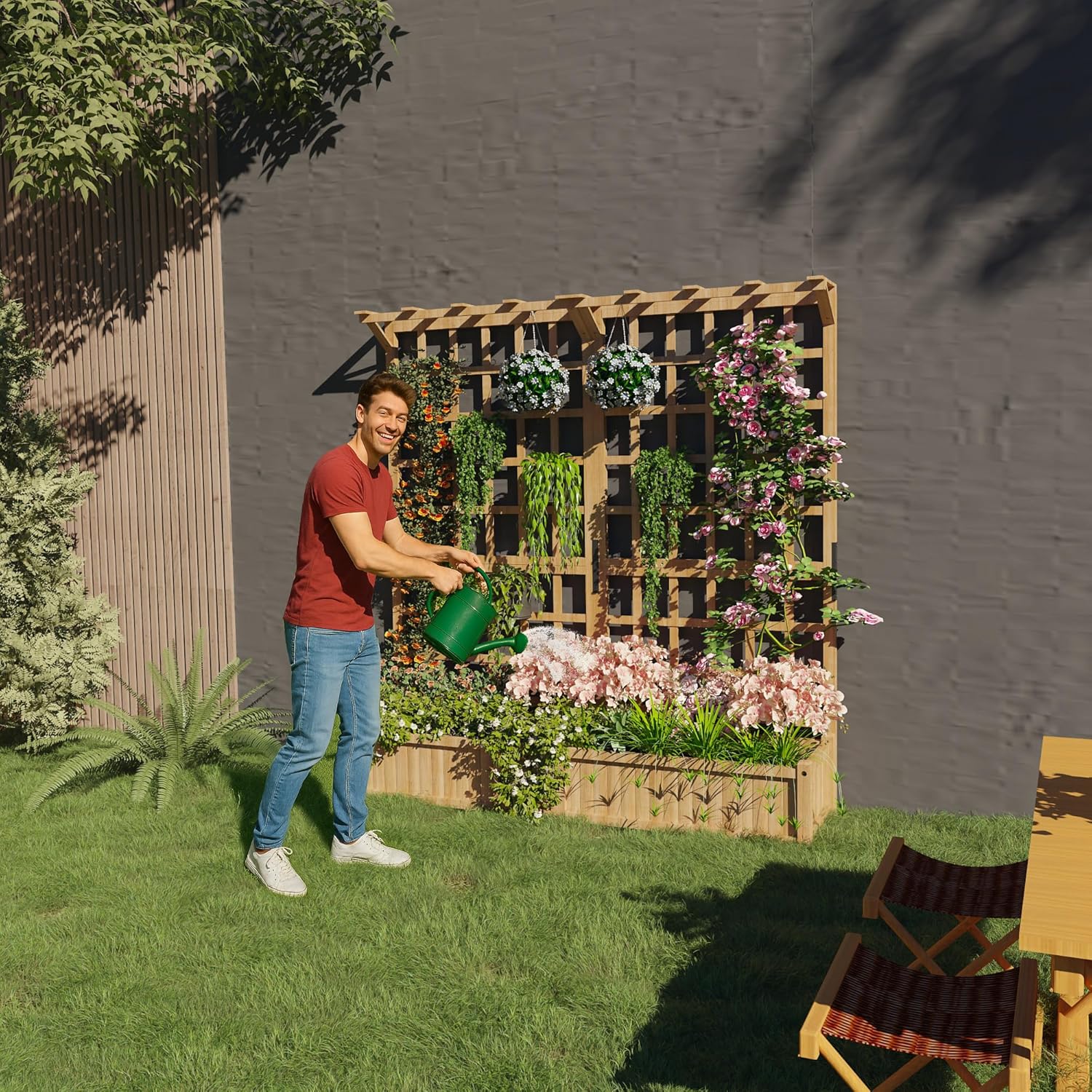 Rustic Wooden Raised Garden Planter with Trellis - Two-Tier Outdoor Planter Box with Hanging Basket Roof, 1.4ft Deep Planting Bed with Drainage for Climbing Plants, Vegetables and Flowers