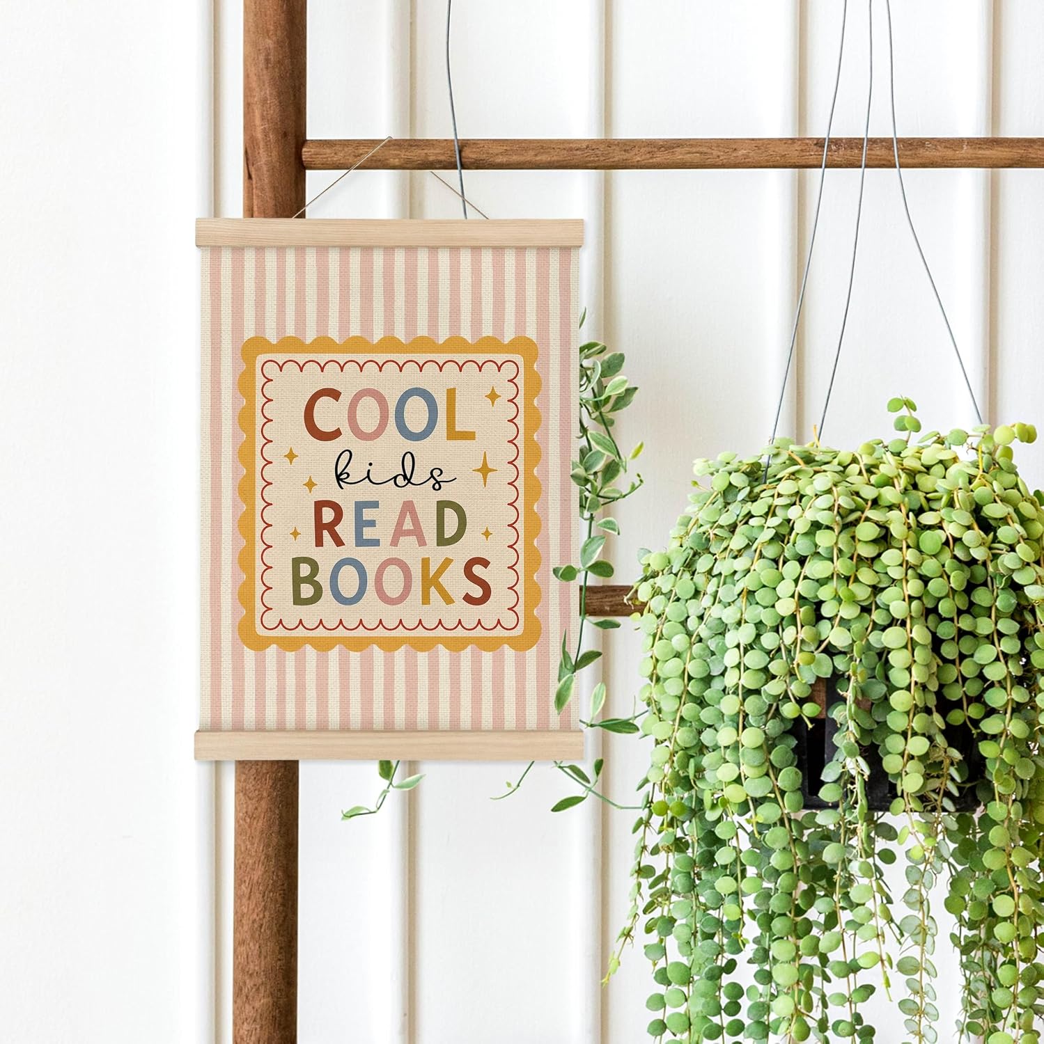 MAQIKA Boho Nursery Cool Kids Read Books Poster Framed with Wood Hanger, Classroom Hanging Wall Decor, Pink Striped Reading Canvas Wall Art Paints for Reading Room Nook Kids Room Bedroom, 12x16 Inch image 5
