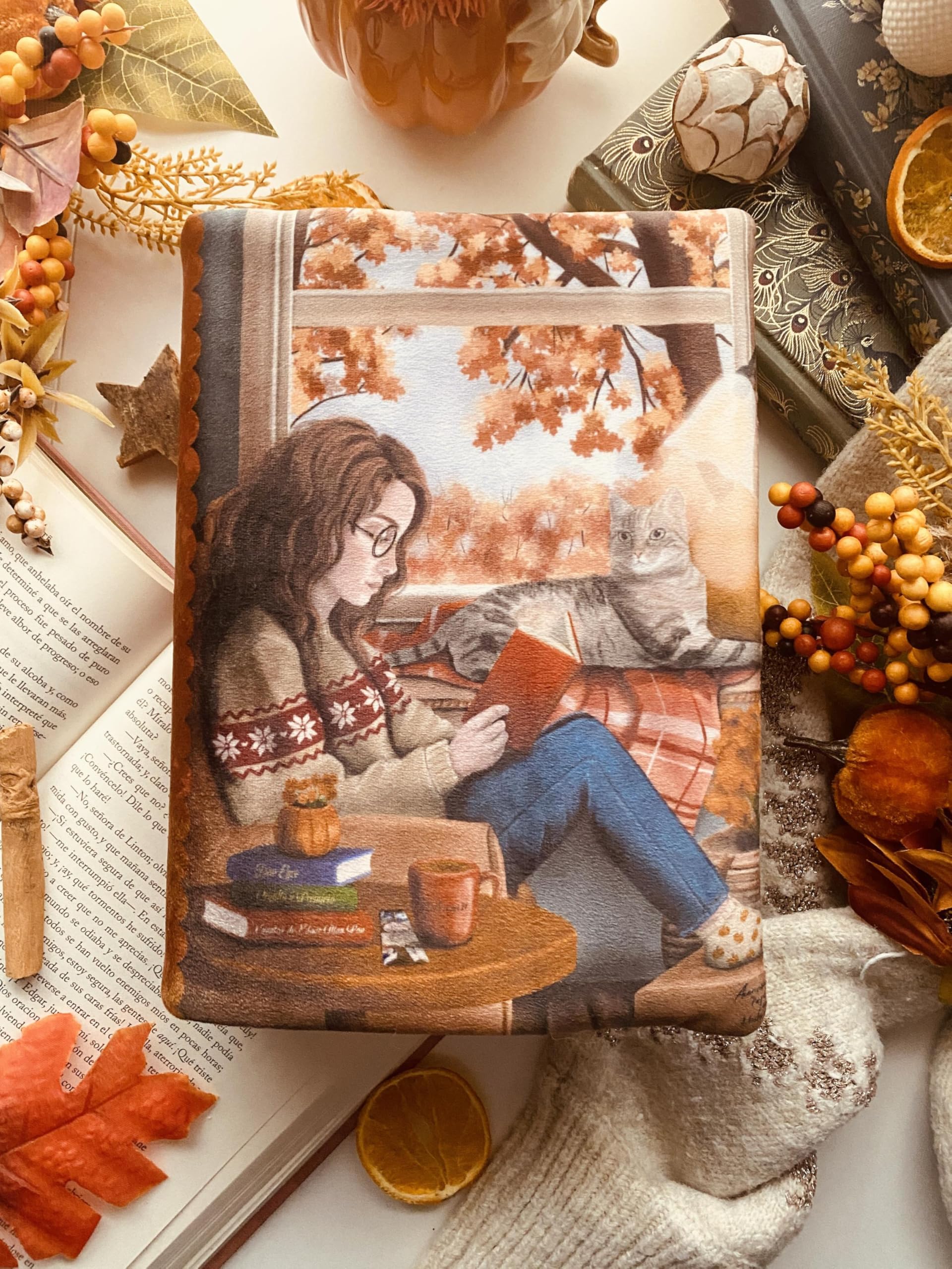 Funda artesanal solapa ajustable Junto a la ventana + marcapáginas de regalo, funda de terciopelo, acolchada. Regalo ideal para personas lectoras
