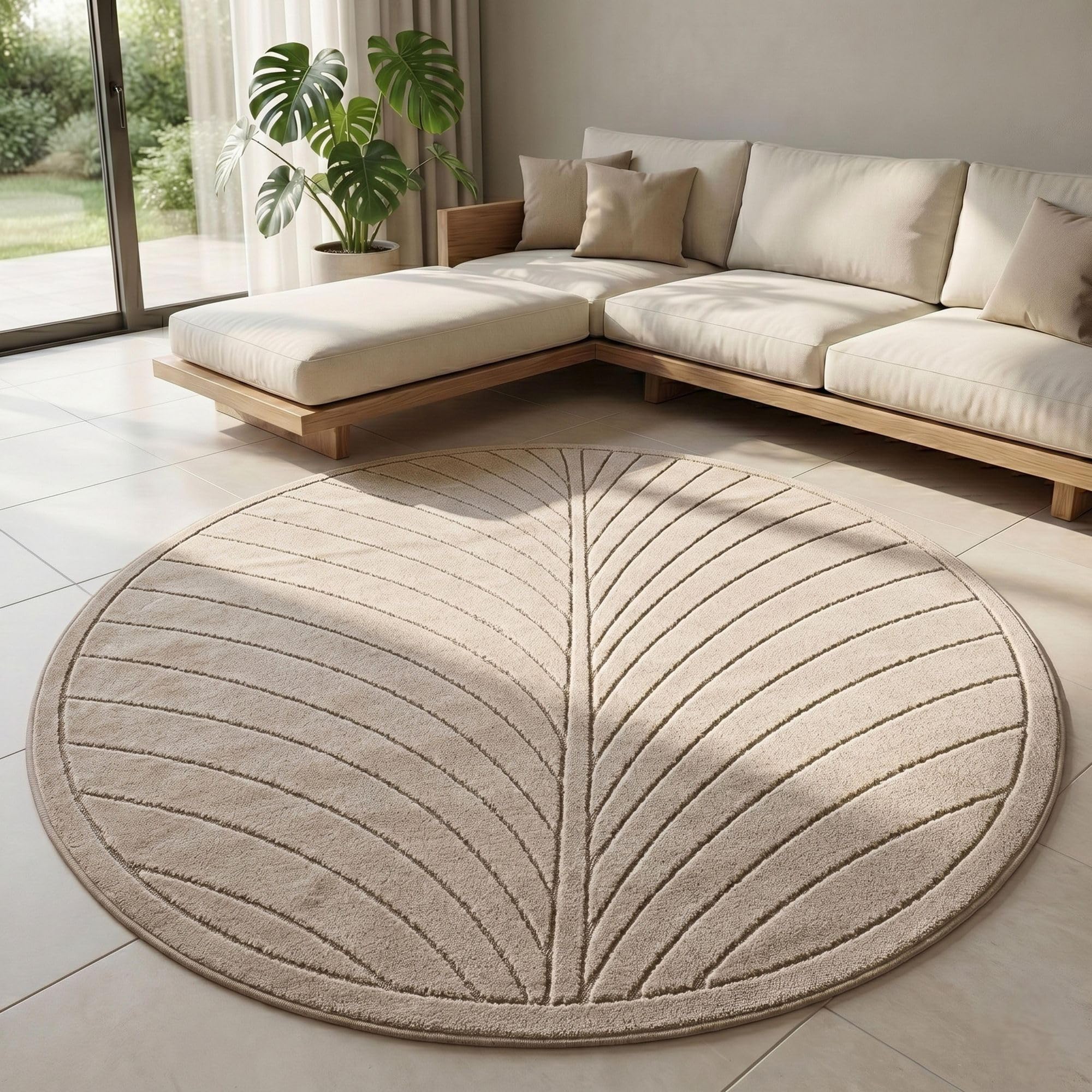 Carpetsale24 Kurzflor Teppich Beige Wohnzimmer Schlafzimmer 3D Hoch-Tief-Effekt, Skandinavisch Boho Motiv, für Outdoor Bereich geeignet Terrassen oder im Balkon