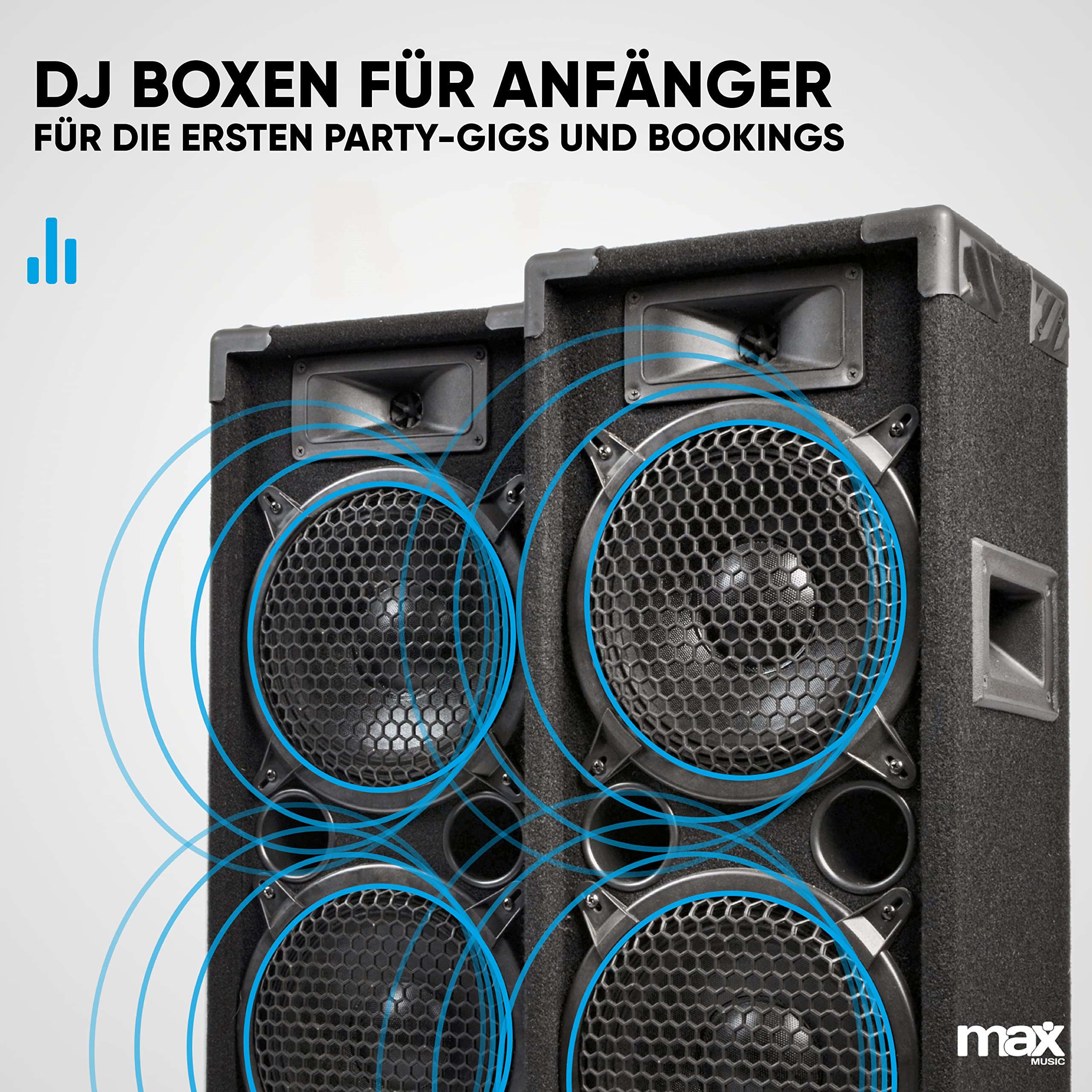 MAX MAX28 PA Lautsprecher passiv, DJ Boxen, 1600 Watt Peak, Partyboxen Set mit Griffe, 2 x 8 Zoll Doppel-Tieftöner, DJ Party Lautsprecher Paar, Lautsprecherbox, Schwarz