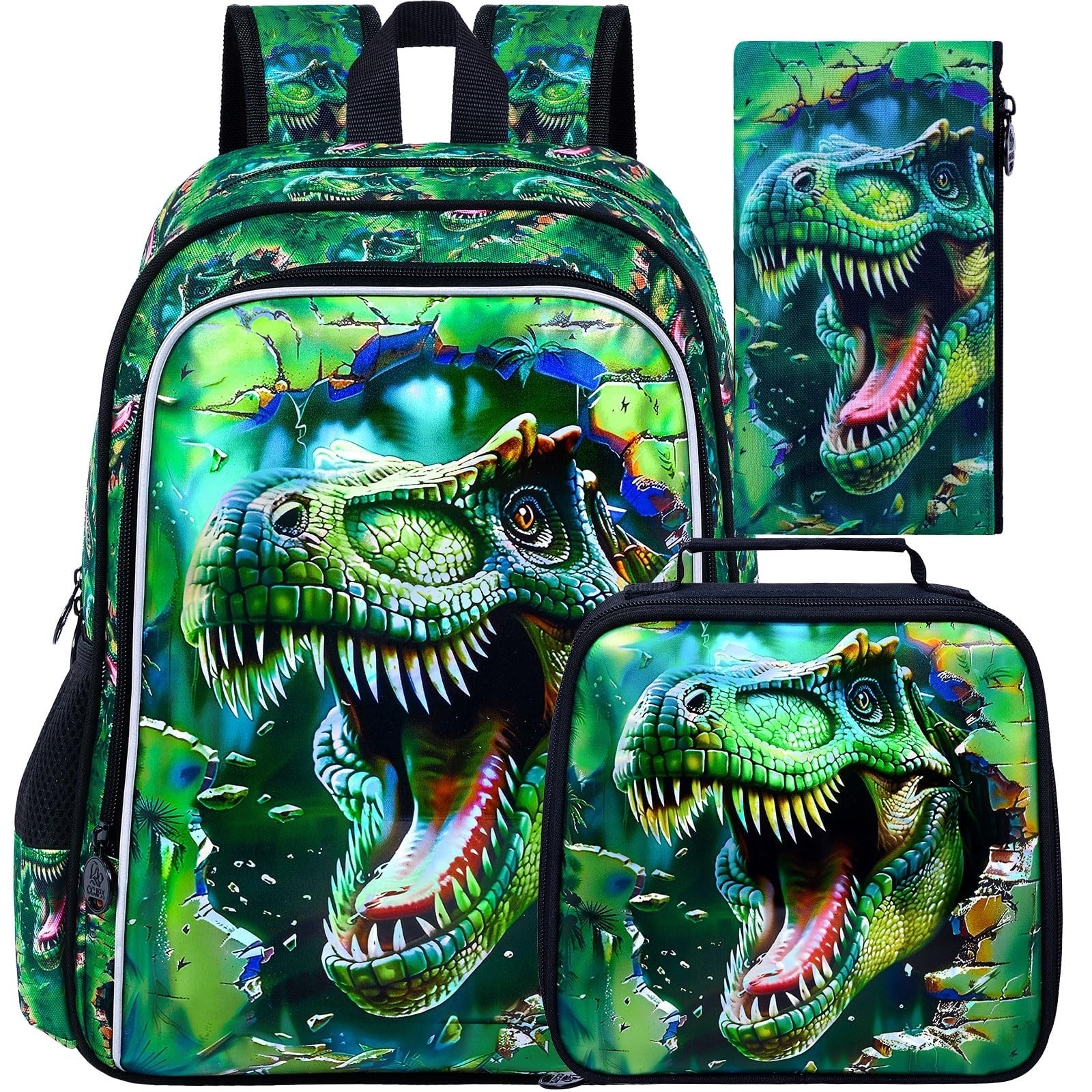 3Pcs Boys Backpack, 16" Dinosaur Bookbag for Elementary Preschool Kindergarten, Dino Kids School Backpacks with Lunch Box(Green)