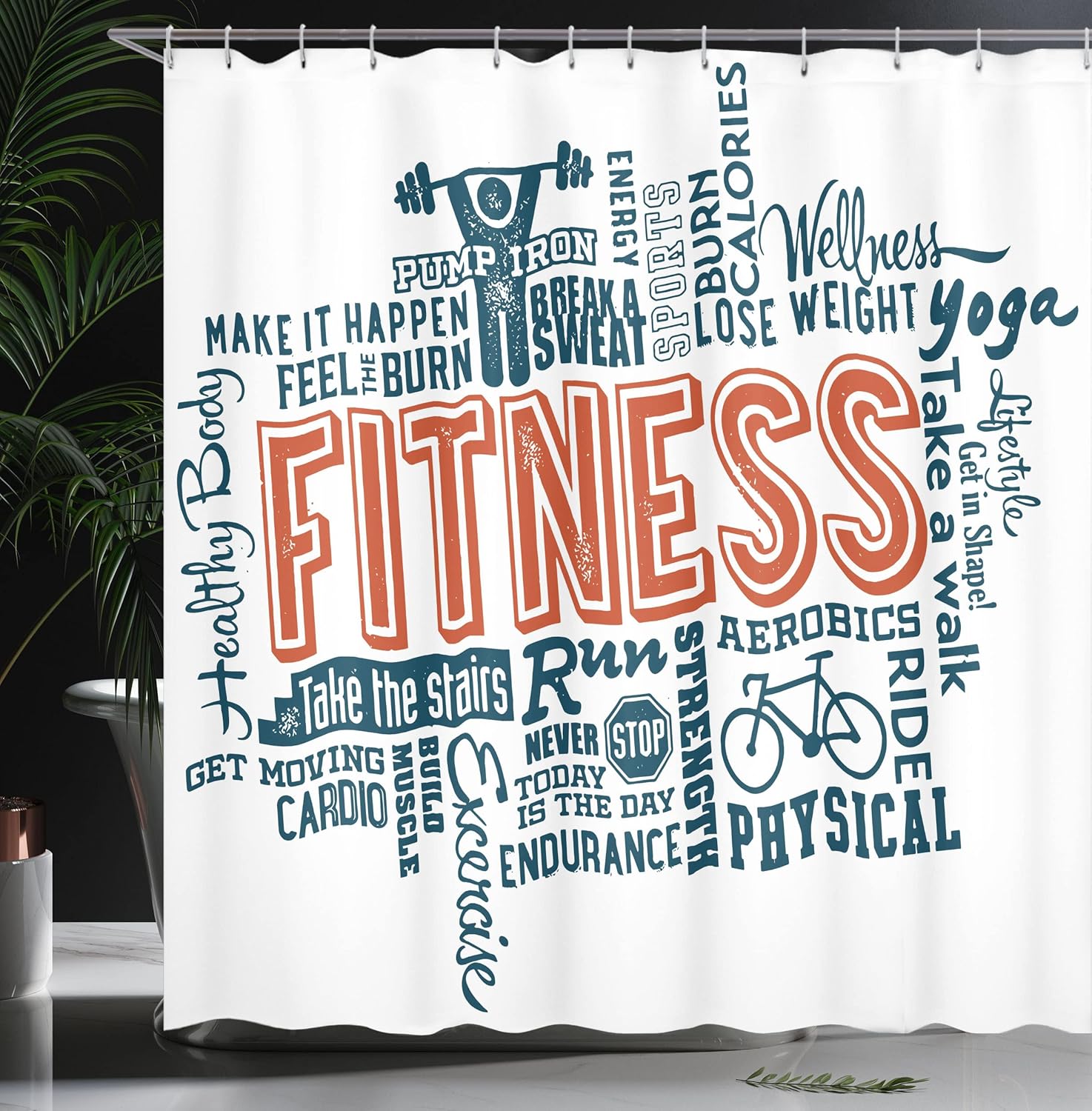 Ambesonne Fitness Shower Curtain, Sports and Exercise Related Words Retro Typography Active Lifestyle, Cloth Fabric Bathroom Decor Set with Hooks, 69" W x 75" L, Dark Blue Orange and White