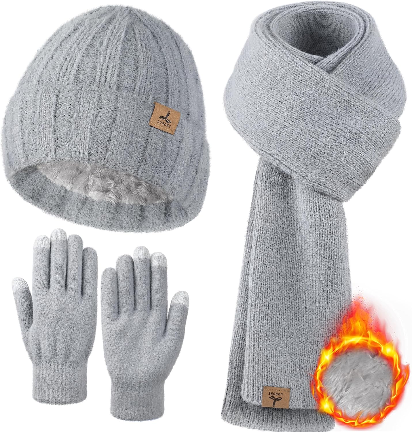 Winter Beanie Hat Scarf Gloves, Warm Fleece Knit Hat Long Scarf Neck Warmer Touch Screen Winter Gloves Set Gifts for Women