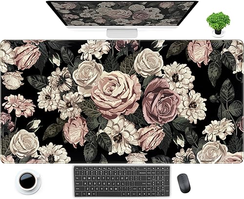 Tapete de escritorio retro con diseño floral de rosas vintage, alfombrilla de mouse XXL grande para juegos, bonita alfombrilla de escritorio para