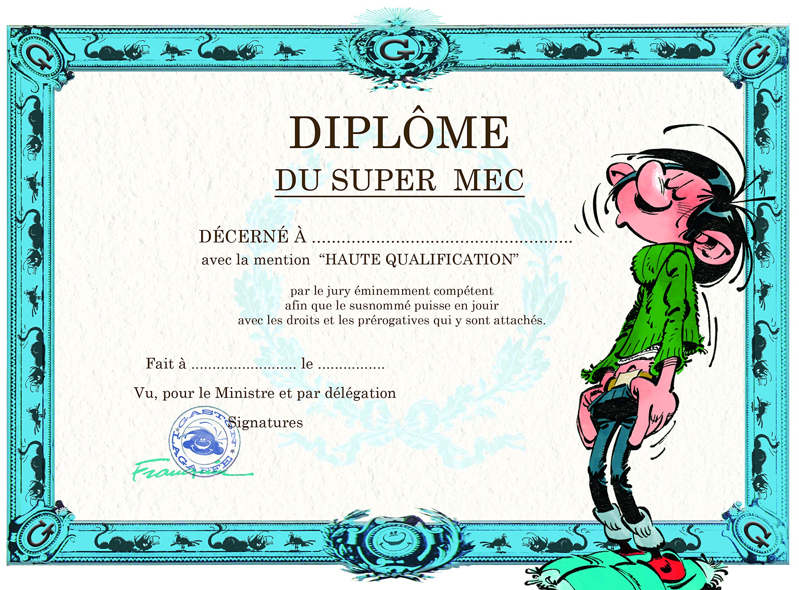 Carte Diplôme du Super Mec Gaston Lagaffe avec Enveloppe - Idéal pour Garçon et Ami