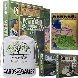 Power Grid Recharged Board Game Base and Expansions: Middle East/South Africa, The New Power Plant Set 1 & 2 Bundle with Fapeto Travel Drawstring Bag +14