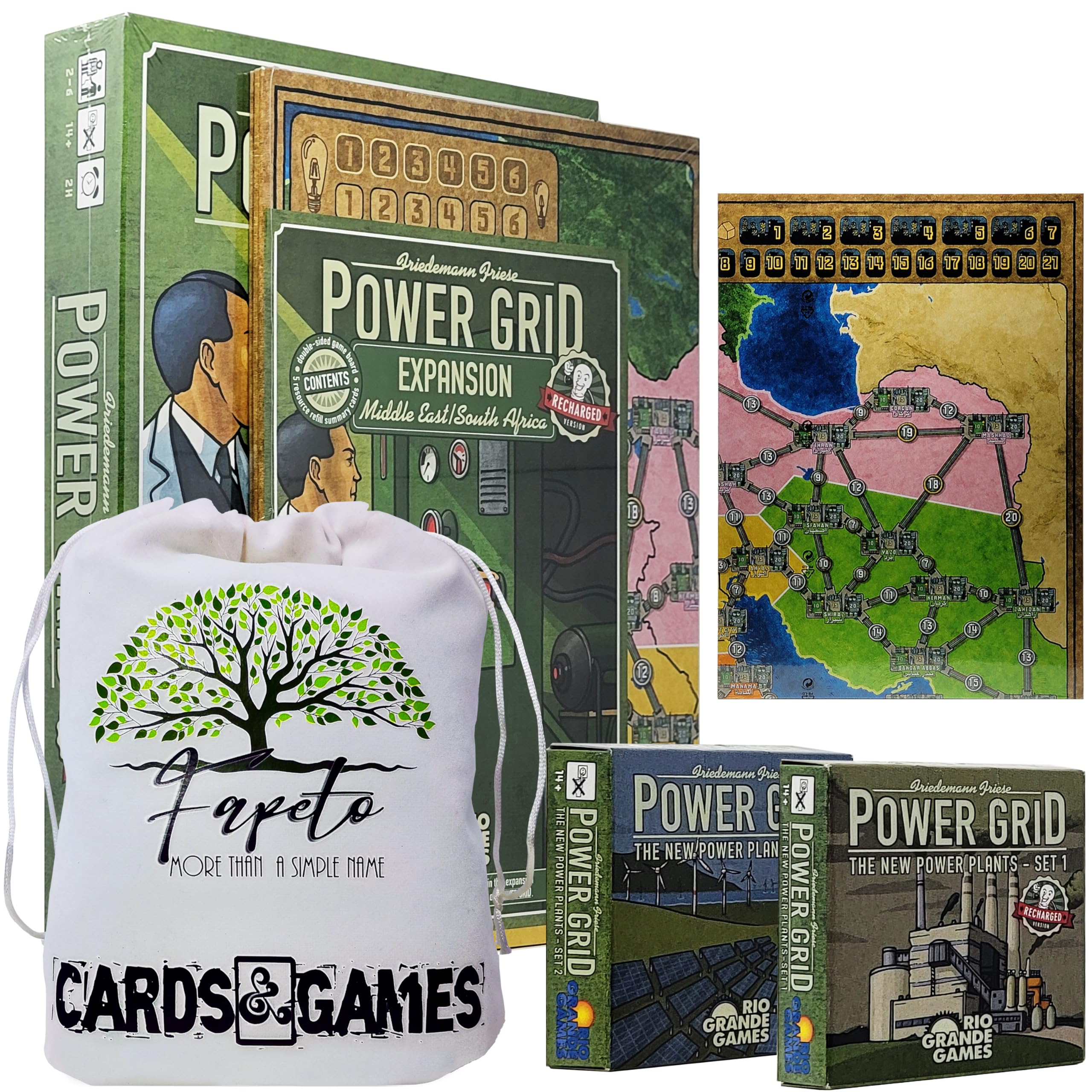 Power Grid Recharged Board Game Base and Expansions: Middle East/South Africa, The New Power Plant Set 1 & 2 Bundle with Fapeto Travel Drawstring Bag +14