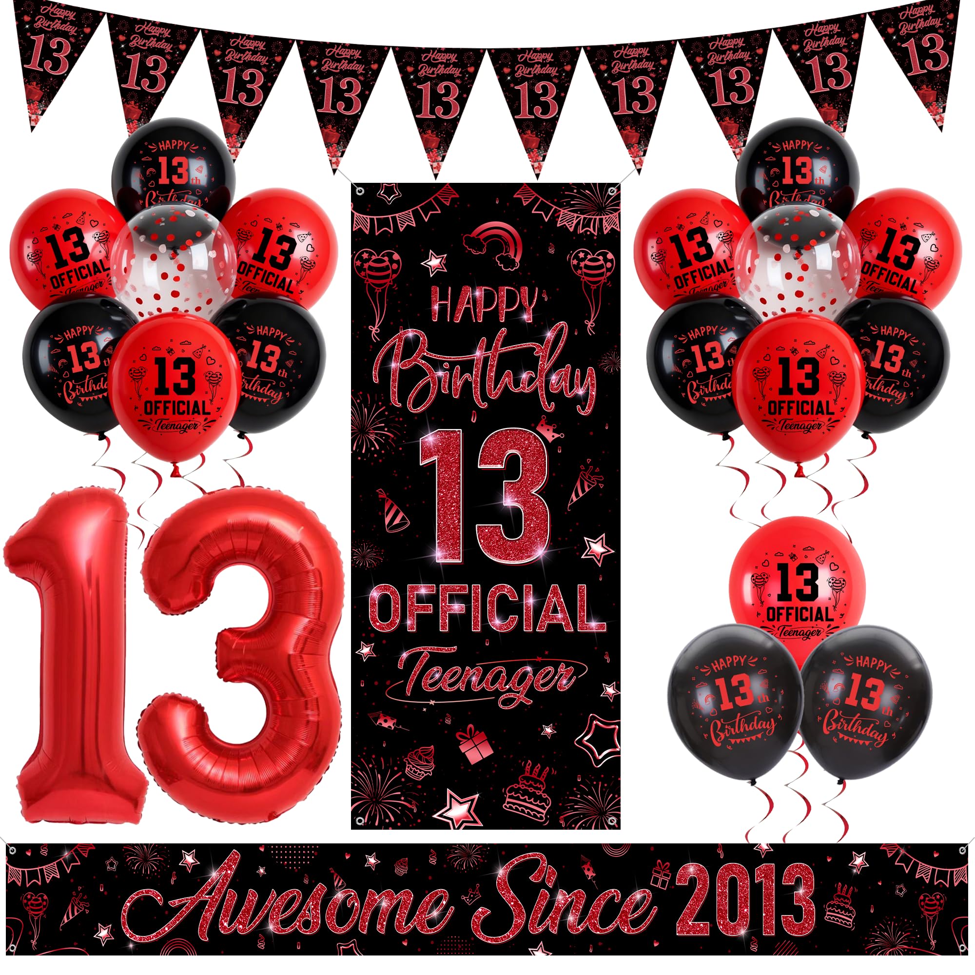 13th Birthday Decorations Boys Girls, Black Red Official Teenager Birthday Banner, Awesome Since 2013 Garden Banner, 32 Inch Number 13 Foil Balloon Bunting, Confetti Balloons for 13 Years Old