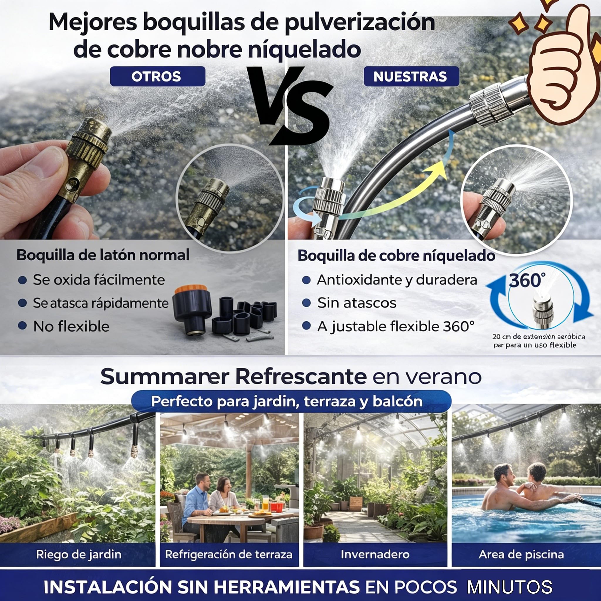 Kit Nebulizador Terraza, Nebulizador Jardin con 8mm Boquilla Ajustable +10M Línea +3/4" Adaptador, Sistema de Enfriamiento por Nebulización para Eventos al Aire Libre, Sombrillas y Techos