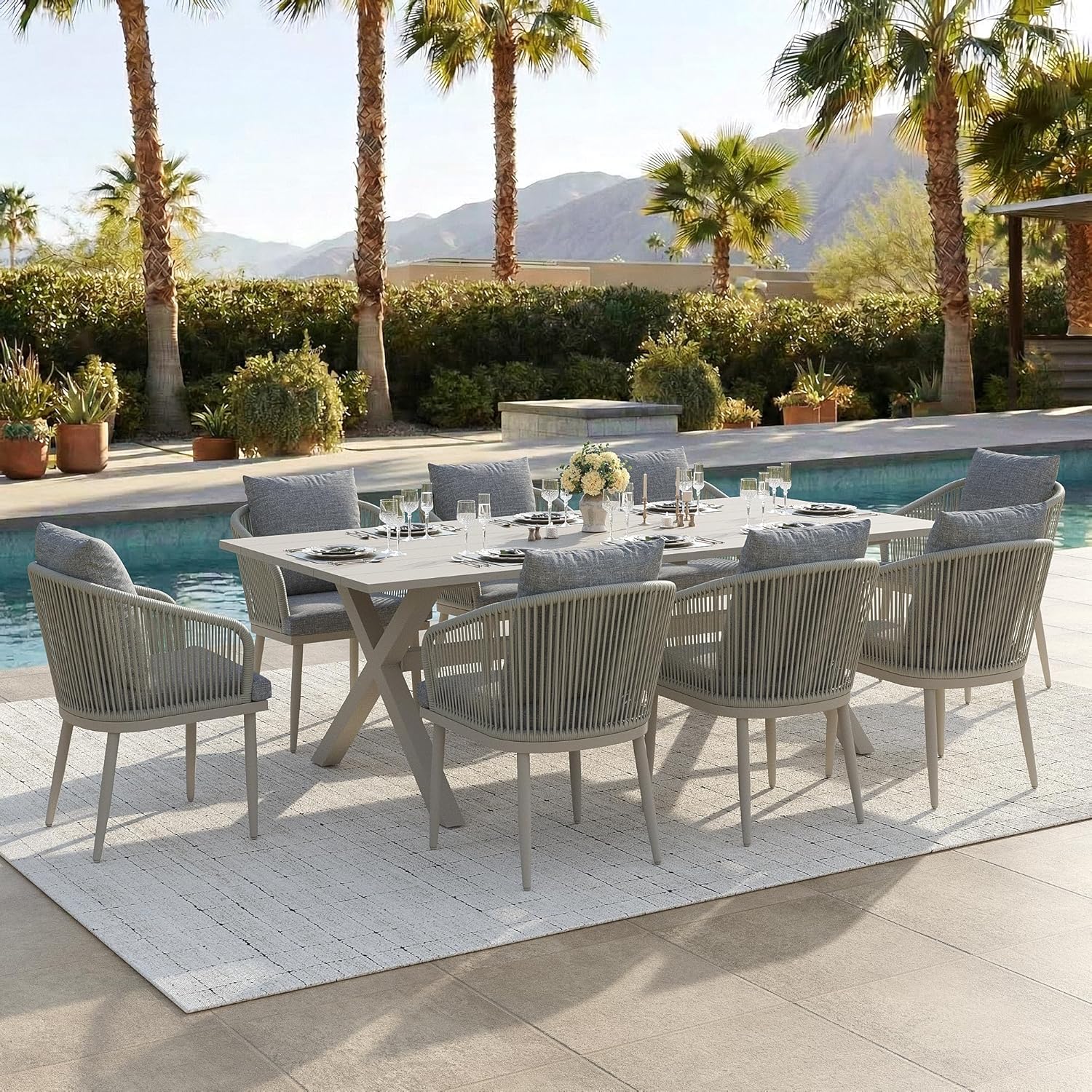 7-Piece Patio Dining Table Sets, Woven Wicker Dining Set with Rectangular Aluminum Table and Dining Chairs Modern Outdoor Dining Furniture Set for Outdoors and Indoors