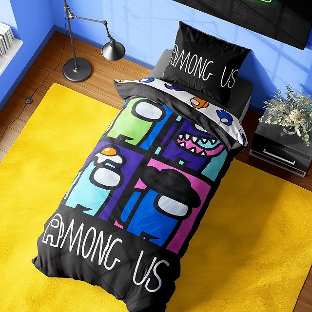 Among Us Duvet Cover Sets with Pillow Cases, Single or Double Reversible Bedding Sets, Gamer Gifts (Single Duvet)